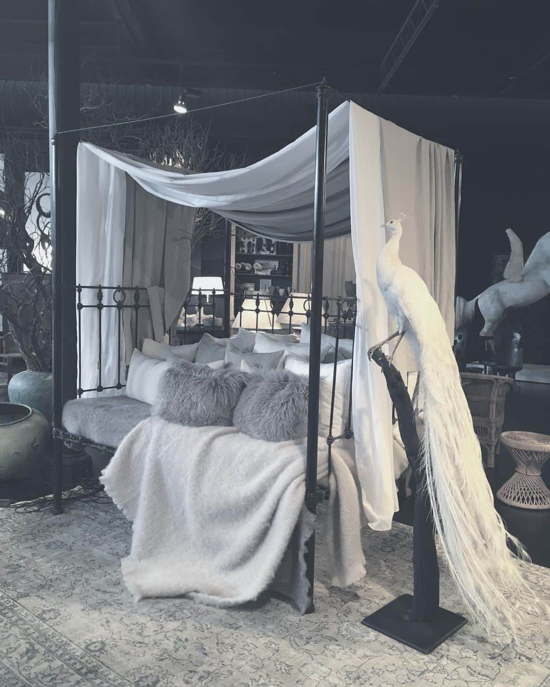 のインスタグラム：「Dream bed 🦢 バルセロナのインテリアショップ。スペインは #CASA #ART #FOOD のレベルが世界トップクラス。また行きたいなぁ。 #life #style #interiordesign #🇪🇸」
