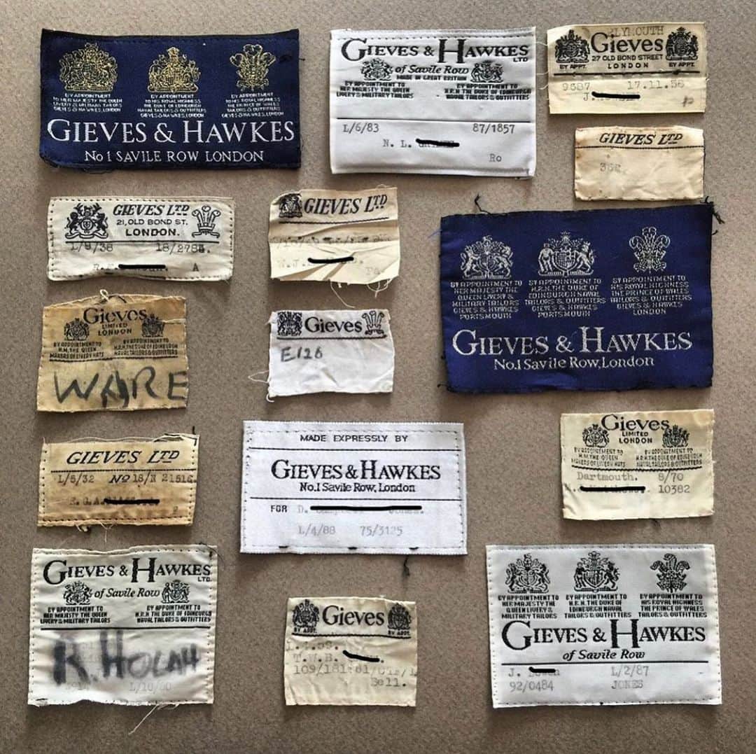 ギーブス&ホークスのインスタグラム：「A rare collection of Gieves Ltd and Gieves and Hawkes customer labels , some dating back to 1932. Showing Royal Warrants and variations of type. 📸 @john_k_harrison」