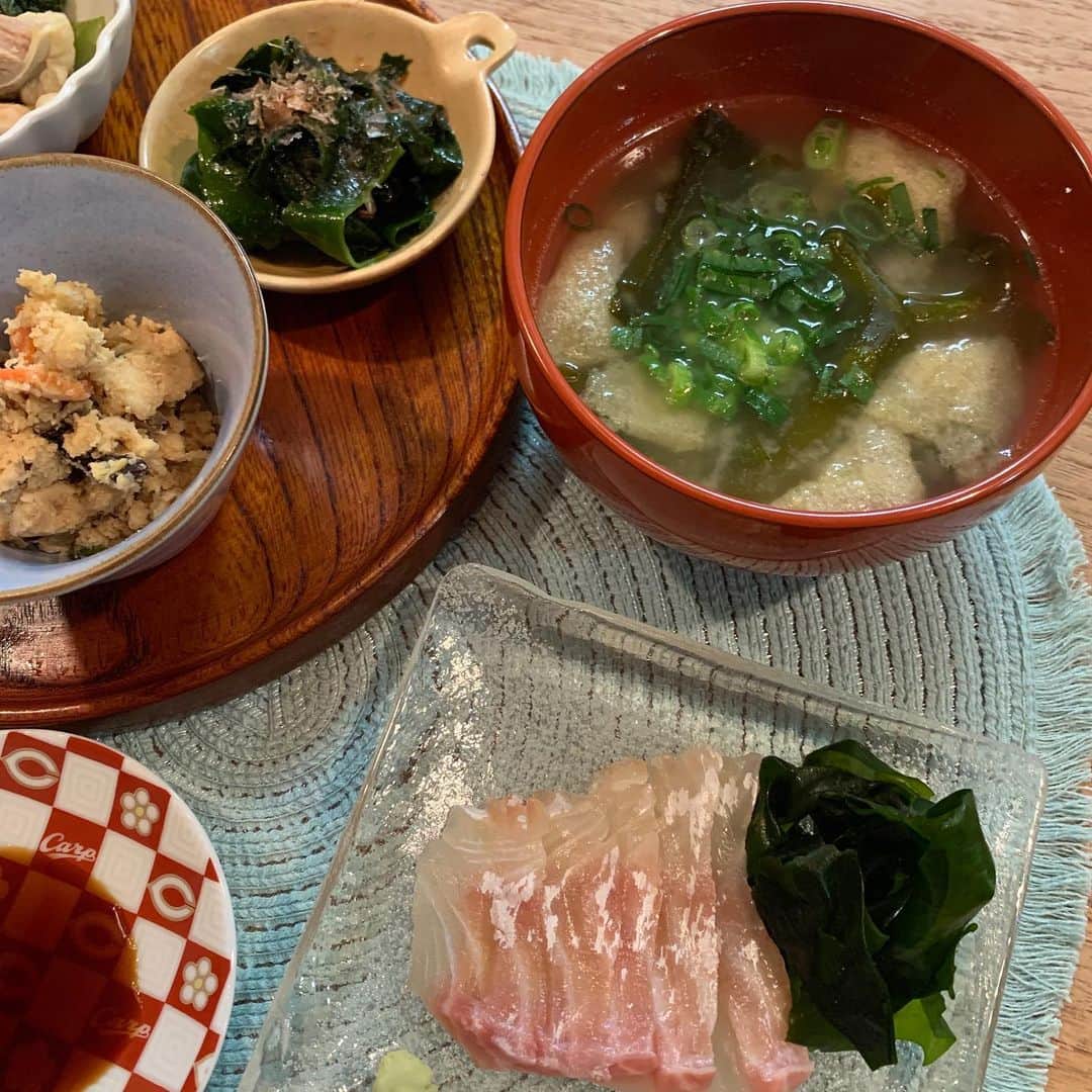 大井智保子さんのインスタグラム写真 - (大井智保子Instagram)「ありがとうございます〜広島県産「漁師の浜干し 安芸灘わかめ」をいただきました‼︎こんなんいくらあってもいいですからね😋 . というわけで、 わかめたくさんお夕飯💚 お水で戻すだけで、生わかめばりのシャッキシャキ‼︎ ナムル、お味噌汁、鯛の昆布〆の付け合わせと3パターンで。 ナムルはカープ海人の藻塩、 カープ豆皿のお醤油は江田島産と、 広島がたっぷり詰まったお夕飯になりました🍁 . . 手作り卯の花もいただいて、食卓が華やぎました😍おいしかったありがとうーっ♪♪ . . #おうち時間 #stayhome #staysafe #stayathomestaysafe  #自炊 #おうちご飯 #夕飯 #dinner #chihoko飯 #ご飯 #cooking #手料理 #わかめ #安芸灘わかめ  #和食 #和食ごはん #カープ豆皿 #豆皿 #広島県産 #広島産」4月28日 20時27分 - chihokoi