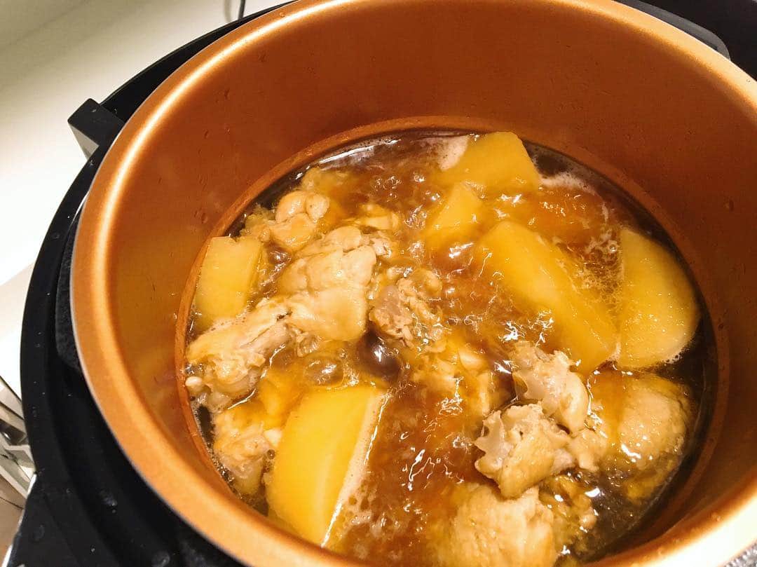 杜このみのインスタグラム：「ミツカン味ぽんのCMで流れている、 ポン酢と水を1:1で煮込むだけ！っていう 鶏大根を食べてみたくて、 圧力鍋で早速作ってみました！ 照り煮はよく作りますが、ポン酢の爽やかな酸味が大根の甘さを引き立てて 食べやすく美味しかったです！☺️💓 圧力鍋で作ることで短時間で味が染みるのでオススメです♪」