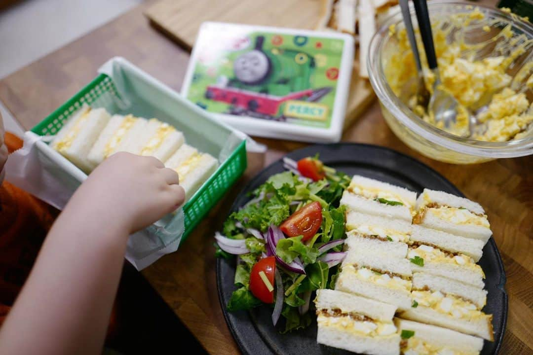 安田美沙子さんのインスタグラム写真 - (安田美沙子Instagram)「あさごはん。サンドイッチが食べたい🥪と前の晩から言っていたので、ありもので。。 . . . たまごサンドにしました🥚✨ 大人は大粒マスタード＆パセリを入れて。 トーマスランドで購入したパーシーのお弁当箱に詰めて大喜び！ 食べた後も、パンのみみを入れて、大事に持ち歩いたり、冷凍庫に入れてみたり。笑 . . . また、トーマスランド行こうね🚃 大宮の鉄道博物館も行ってみたいね！ . . . #電車好き　#トーマス #パーシー　#お弁当箱 #パンのみみかちこち #サンドイッチ　#たまごサンド #あさごはん　#みさこクッキング」4月29日 10時16分 - yasuda_misako