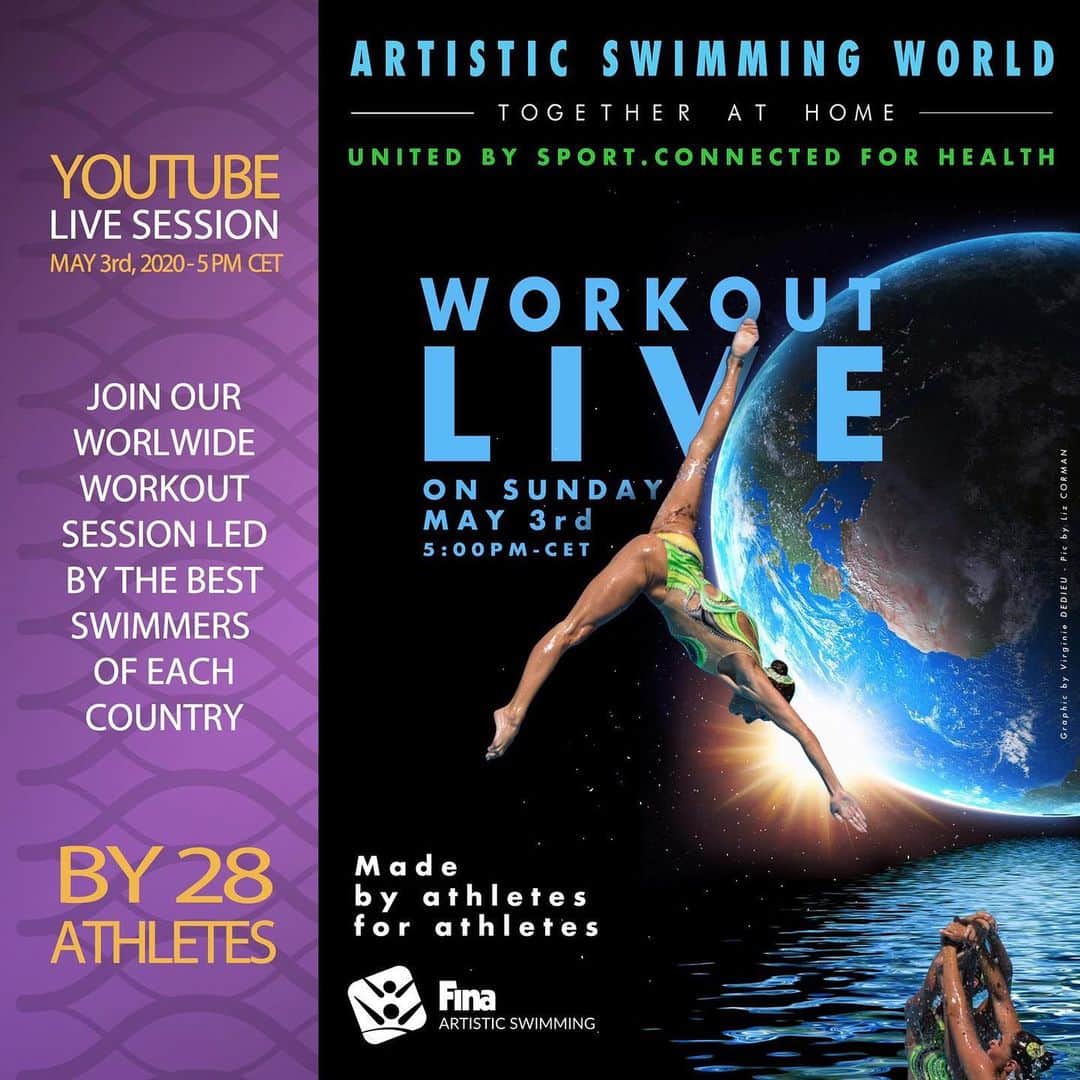 アンドレア・フエンテスのインスタグラム：「EXTRA EXTRA!!!! First time ever in history: ARTISTIC SWIMMING WORLDWIDE WORKOUT!  On Sunday, May 3rd  UNITED BY SPORT, CONNECTED FOR HEALTH #Togetherathome  Join our international workout made by the best of the best: 28 athletes from 21 different countries! All teams are invited to join this international workout where we will practice all together. The event will be live-streamed for the rest of the world on @insidesynchro YouTube channel. *TIME ZONES:* *8:00 am* San Francisco *10:00 am* México city *11:00 am* Montreal, Lima *12:00 pm* Rio de Janeiro *4:00 pm* London *5:00 pm* Central Europe, Cairo *6:00 pm* Moscow, Athens, Tel Aviv *8:00 pm* Uzbekistan *11:00 pm* Perth *12:00 pm* Tokyo *3:00 am* Auckland (May 4th)  We are waiting for you! This is a lifetime opportunity to connect our sport for a great healthy purpose! See you on Sunday!! Picture by @lizcormanphotography Graphic design by @virginie_dedieuoff」