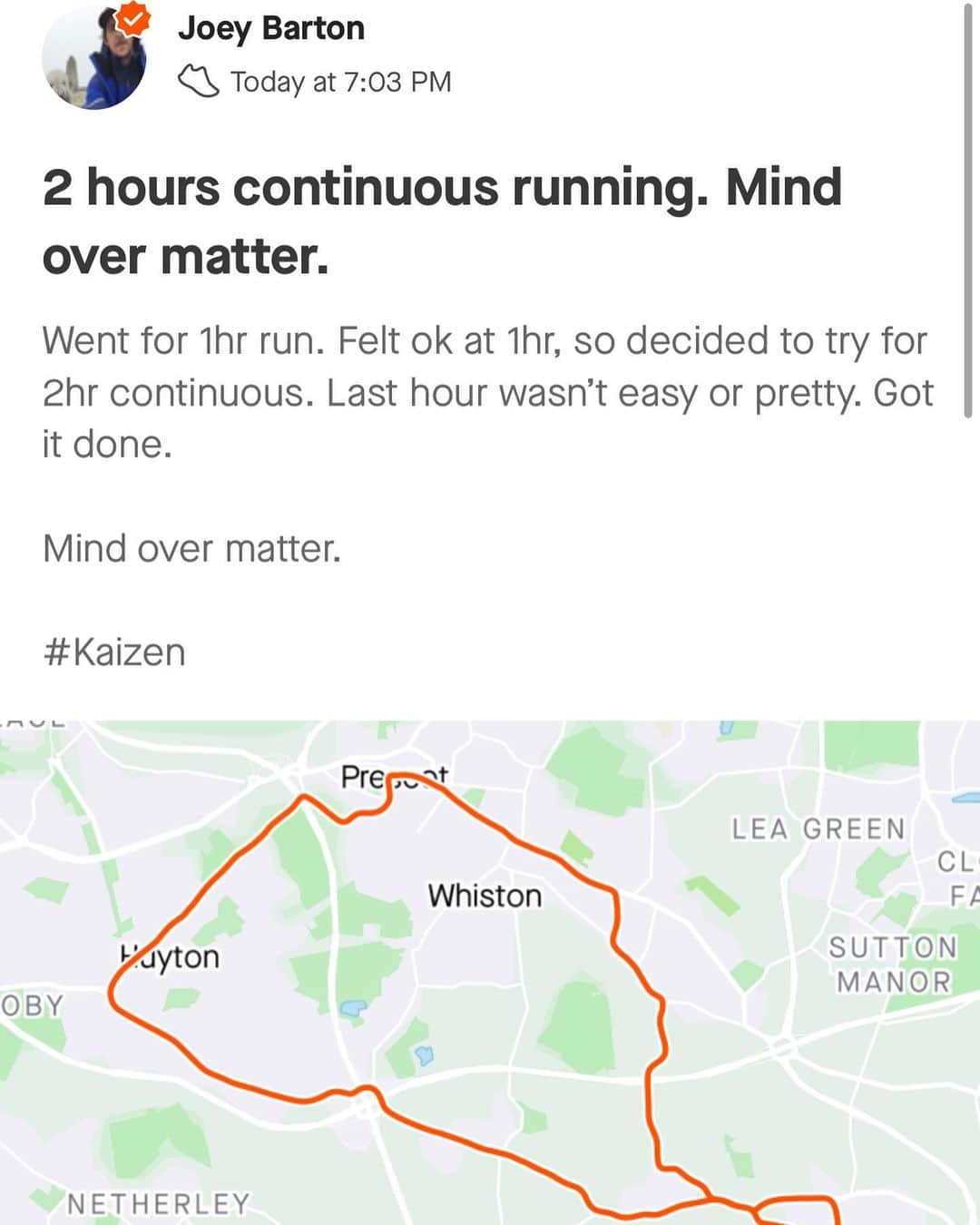 ジョーイ・バートンさんのインスタグラム写真 - (ジョーイ・バートンInstagram)「This weeks challenge. 2 hour continuous run. Wasn’t easy. Another mental barrier to knock over. Mind over matter. Enjoy.  #kaizen」4月29日 5時40分 - joey7bartonofficial