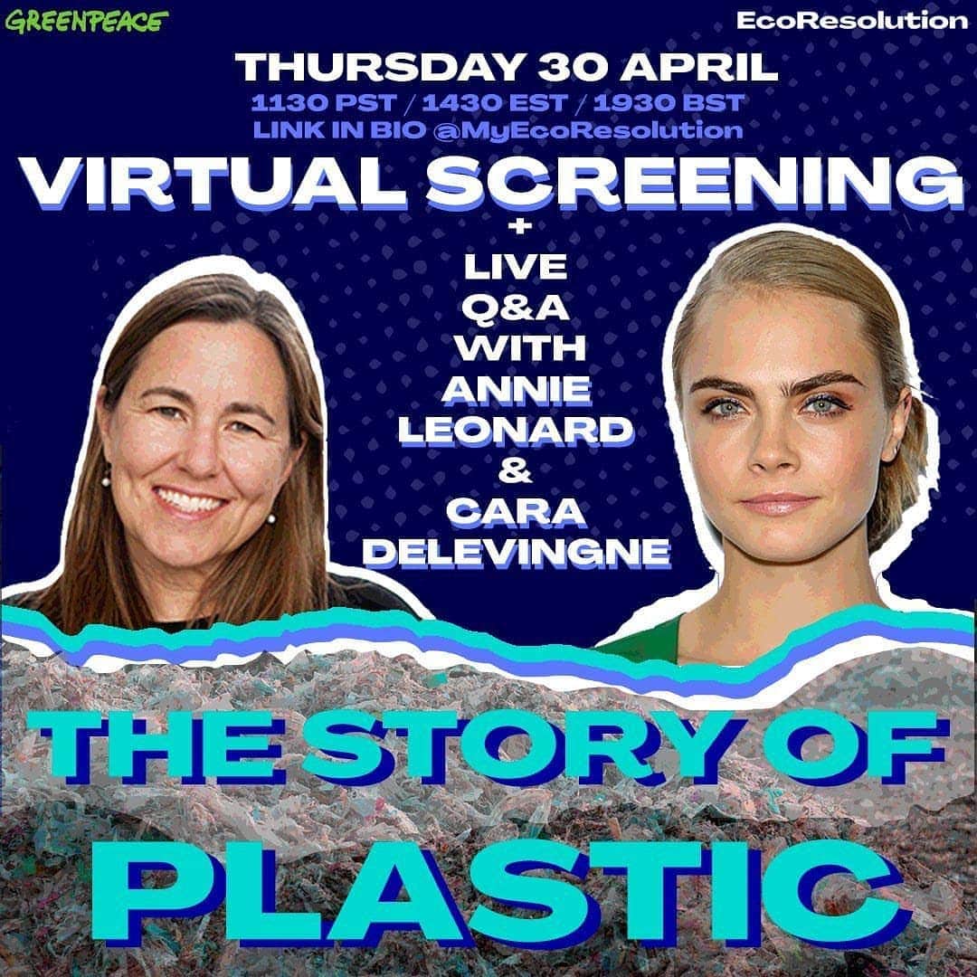 カーラ・デルヴィーニュのインスタグラム：「Tune in this Thursday for a virtual screening of The Story Of Plastic followed by a live Q&A with me and Annie Leonard, the executive director of Greenpeace USA and author of The Story Of Stuff. For the past month @MyEcoResolution has been exploring waste & consumerism, getting our heads around our obsession with stuff and its impact on people and the planet. Join us for a discussion and bring your questions! Register to Zoom via bio link @MyEcoResolution • @greenpeaceusa @storyofstuff @annie_leonard #MyEcoResolution #Greenpeace #StoryofStuff #5RCHALLENGE」