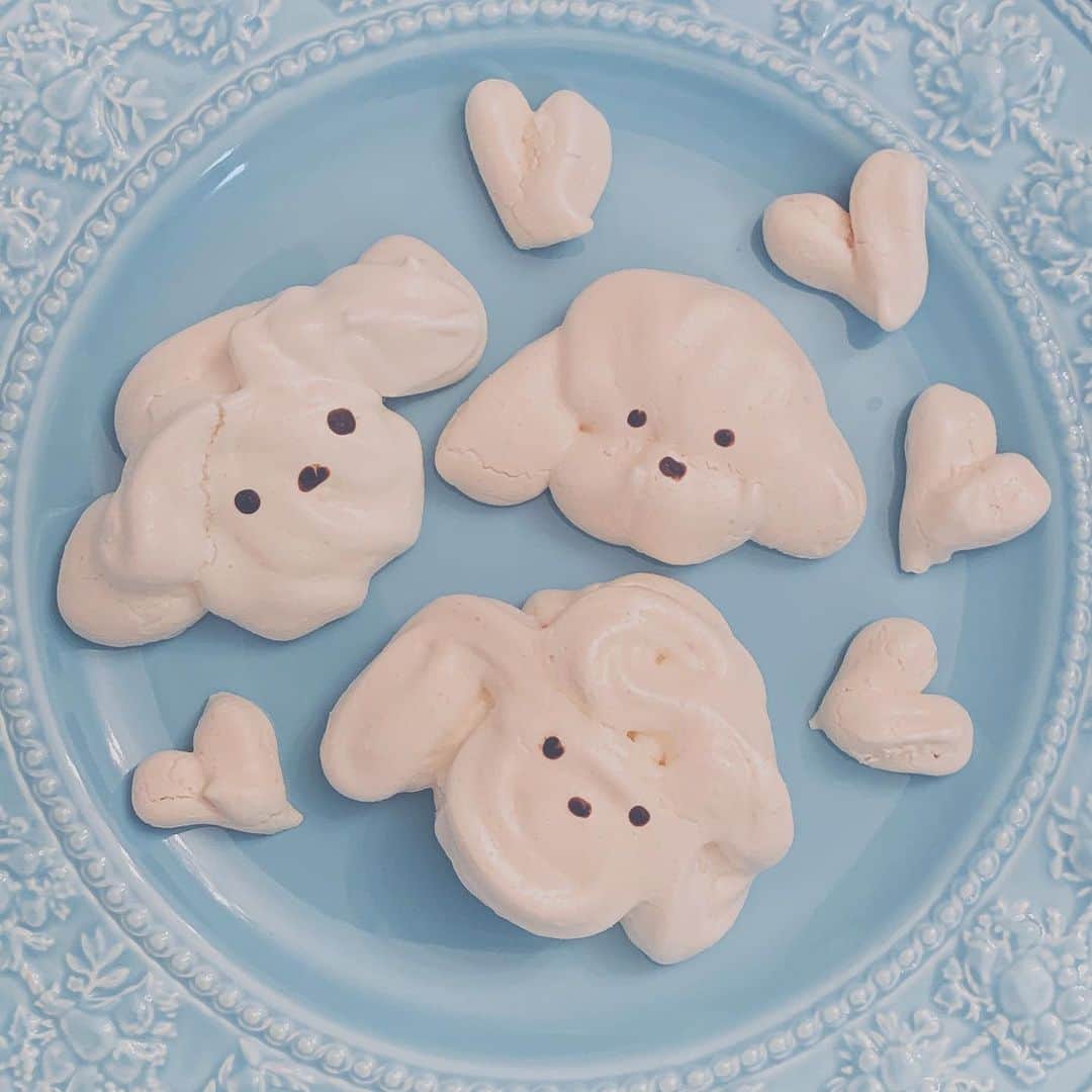 小林愛香のインスタグラム：「わんわんメレンゲクッキー🐶 つくったわん。かわいい！！！！ はじめてにしては、よくできたわん。 そしておいしい！！！！！！ #メレンゲクッキー #おかし作り #🏠 #おうち時間 #おうちカフェ」