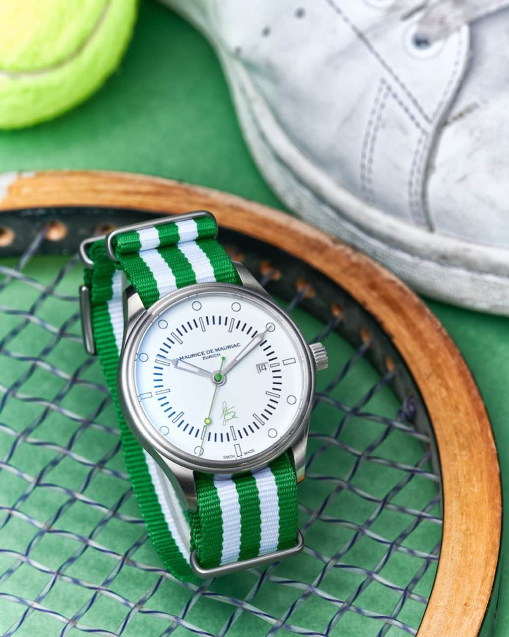 Maurice De Mauriac Zurichさんのインスタグラム写真 - (Maurice De Mauriac ZurichInstagram)「Stan Smith Signature watch  Stan Smith @stansmithonline has won totally 100 tournaments in singles (39) and doubles (61). This honours our watch with its edition of only 100 watches per color – in green, red, blue. The exclusivity couldn’t be greater, the honour couldn’t be more impressive. Daniel @daniel.dreifuss_zurich , Massimo and Leonard Dreifuss have worked with Stan Smith on this watch for over two years. It is the distillation of passion, competence, style and craftsmanship. The great Stan Smith book is titled “I am not a shoe”. – Of course, because he is a mechanical Swiss watch now.  Tune in tomorrow we are having a live Talk with Stan Smith.  #stansmith #stansmithadidas #stansmithshoes #mauricedemauriac #zurich #tennis #instalive #tunein #stansmithsignaturewatch」4月29日 16時52分 - mauricedemauriac