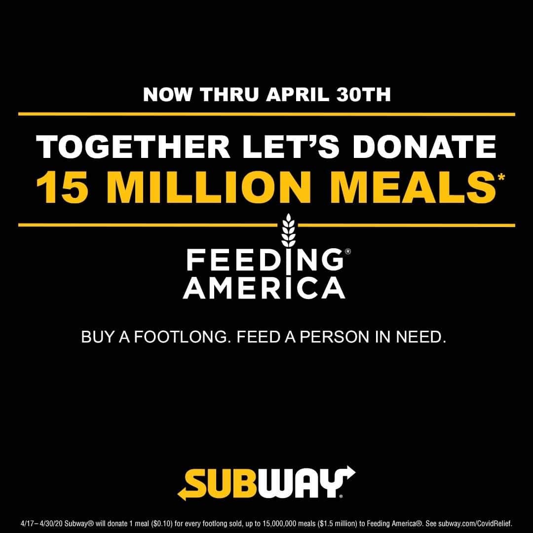 Official Subwayさんのインスタグラム写真 - (Official SubwayInstagram)「Your next sub could also help someone in need. We’re donating one meal to @FeedingAmerica for every footlong purchased through April 30th!」4月30日 5時05分 - subway