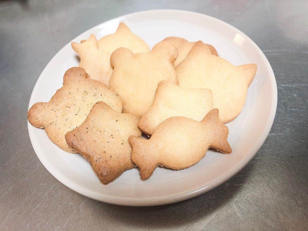 吉川千愛のインスタグラム：「自粛初期に作った﻿ クッキー❣️﻿ ﻿ このレシピ失敗せん﻿ 気がする！！﻿ 是非お試しあれ☝🏻 ﻿ ⭐️レシピ⭐️﻿ ﻿ バター 50g﻿ 砂糖 50g﻿ 卵黄 1個﻿ 薄力粉 100g﻿ 塩 ひとつまみ﻿ ﻿ ❶常温のバターに﻿ 砂糖入れて﻿ 薄力粉はふるって入れ、﻿ 卵黄も入れる。﻿ ❷ヘラでサックリ混ぜて﻿ 生地をビニールなどに入れて﻿ 冷蔵庫で冷やす。﻿ ❸薄さ3mmにメンボウで﻿ 伸ばして型で抜いてオーブンシートにのせる。﻿ ❹170度の予熱したオーブンで﻿ 10分焼く！」