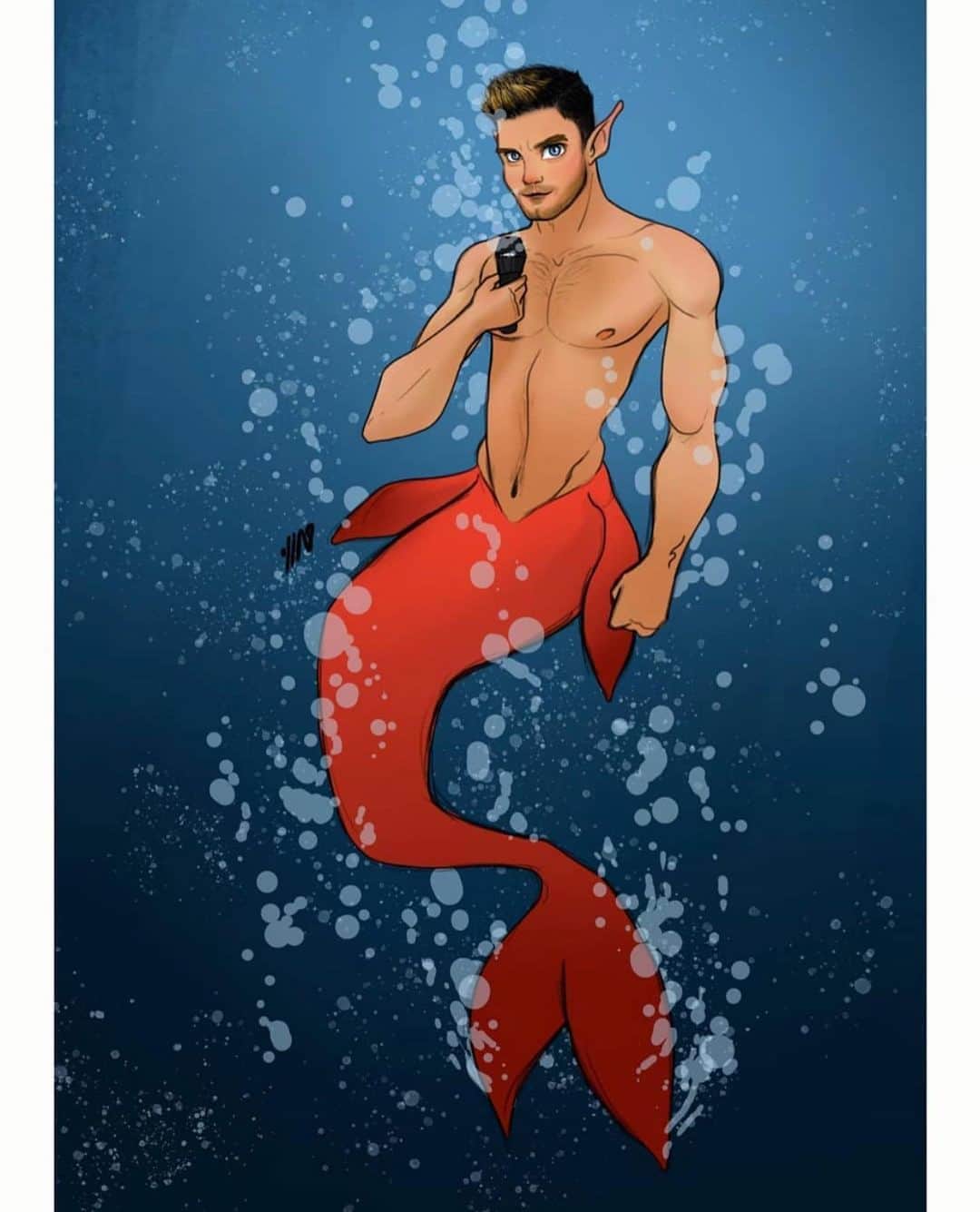 イーライ・リエブのインスタグラム：「DEAD. A fan drew me as a singing merman. If only this was my real reality (as well as the muscles 😂)🧜🏻‍♂️ Thank you @mehran_ufoarts, it’s amazing.」