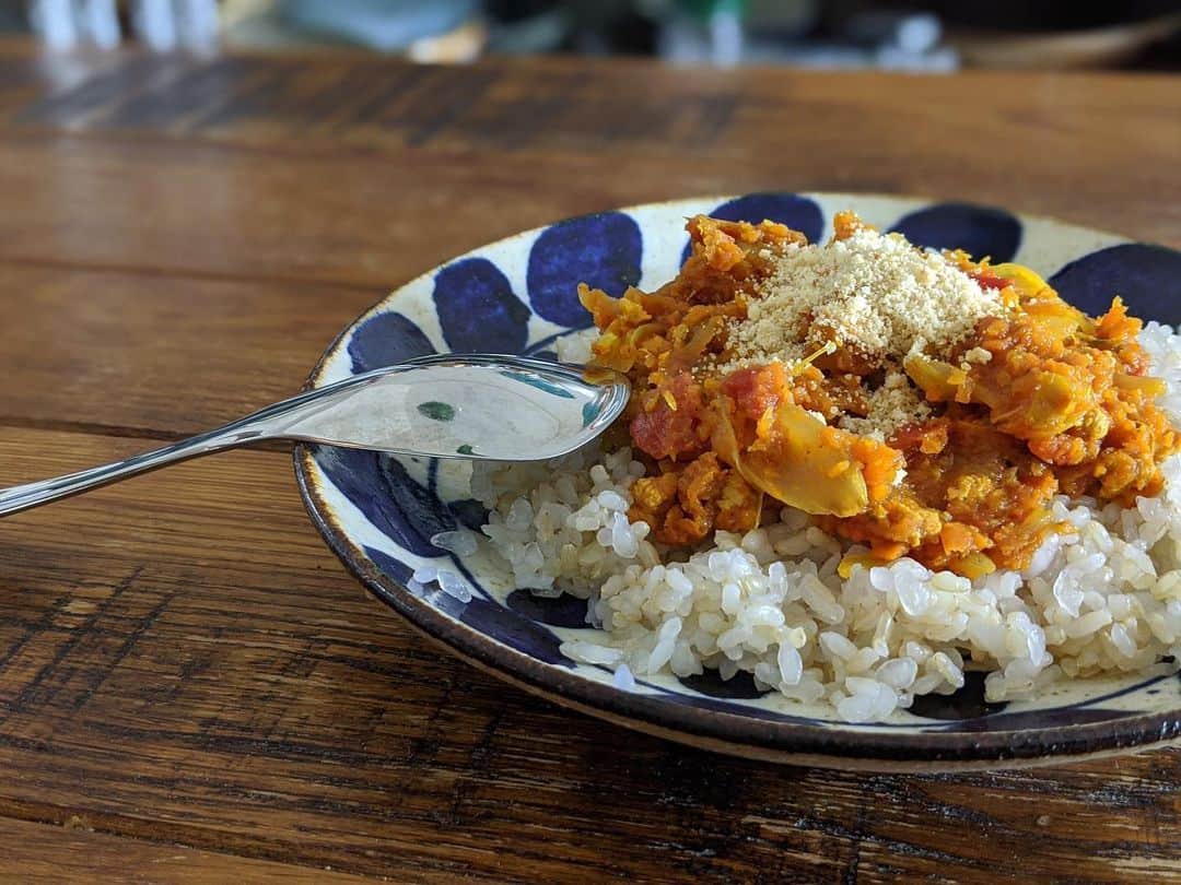 藤田敦子のインスタグラム：「ㅤㅤㅤ 【#blendakitchen 】 original vegan tomato curry❤️ スロージュースのパルプを使用した ヴィーガントマトカレー🍅🍛 ㅤㅤㅤ ① @huromjapan のジューサーで 　ジュースを絞った後のパルプ(搾かす)を炒める。 ②玉ねぎを飴色に近くなるまで炒め、パルプに入れる。ㅤㅤㅤ ③戻しておいたソイミートを入れる ④トマトピューレとワインを入れてぐつぐつ… ⑤ターメリック、チリ、コリアンダー (すべてパウダー)を適量入れる ⑥オーツミルクを入れて、塩で味を整え、 　水分がある程度飛んだら火を止める。 ⑦盛り付けて最後に酒粕チーズを振りかけて完成❤️ ㅤㅤㅤ 適当すぎて分量は測ってなかった😅 お米は、白米、玄米、蒟蒻米を混ぜたもの。」