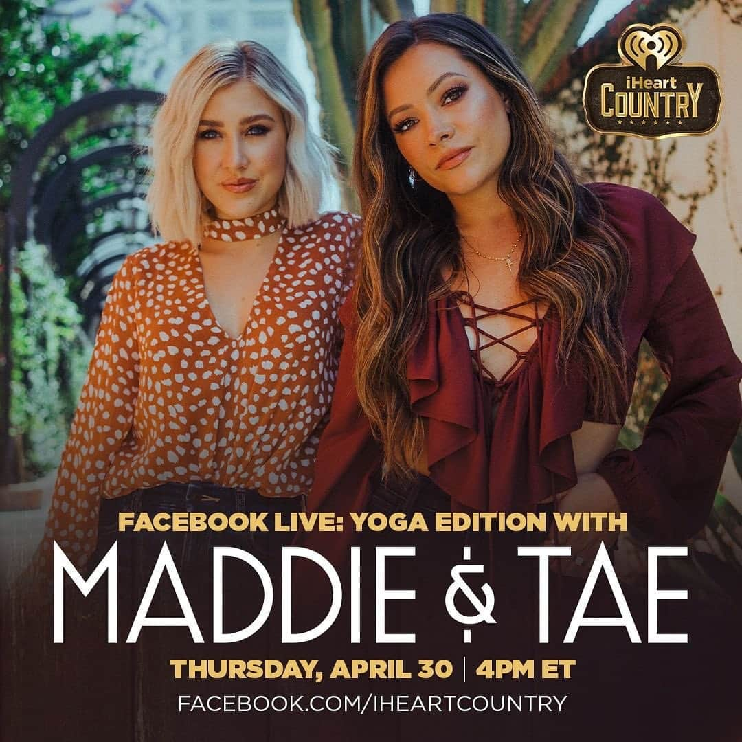 Maddie & Taeさんのインスタグラム写真 - (Maddie & TaeInstagram)「Set a reminder for 4PM ET to head on over to @iheartcountry’s Facebook for a live yoga session 🧘 #Repost • • • @iheartcountry Today at 4PM ET, @maddieandtae are bringing the yoga studio to your living room! 🧘‍♀️Set a reminder and join the country duo's yoga session at the link in bio.」4月30日 23時39分 - maddieandtae