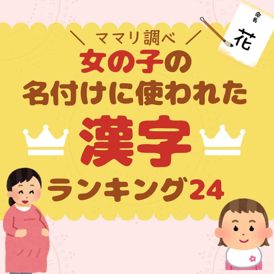 ママリさんのインスタグラム写真 - (ママリInstagram)「女の子出産予定のプレママ＆女の子ママは保存推奨～❤素敵な漢字が盛りたくさん⁠！ #ママリ ⁠ . ⁠ ⁠ みなさんのお子さんの漢字はありましたか❤？⁠ . ⁠ 詳しくはこちら 👉 https://mamari.jp/27134⁠ . ⁠ ⁠ ⁠👶🏻　💐　👶🏻　💐　👶🏻 💐　👶🏻 💐﻿⁠ ⁠ ⚠⚠⚠ 今日で終了 ⚠⚠⚠⁠ 🌼4月30日まで#ママリ口コミ大賞 キャンペーン実施中🙌⠀⁠【🎉Instagram・Twitter同時開催🎉】　⁠ .⠀⁠ ⁠ 【応募方法】⠀⁠ ⠀⁠ ①ママリ（ @mamari_official ）をフォロー⠀⁠ ⠀⁠ ②#ママリ口コミ大賞 をつけて育児中に助けられたアイテムやサービスをの口コミを書いてフィードに投稿！💗「YES/NO診断」を使ってもOK💗「YES/NO診断」への記入は「YES/NO診断」をスクリーンショットして、ストーリーズの文字入れ機能や画像編集アプリなどを使うと便利🌸）⁠ ⁠　⁠ 💌 完了！⁠ ⠀⁠ 写真はなんでも＆何度投稿してくれてもOK✨⠀⁠ 妊娠中・育児中に助けられたアイテムやサービスなら、育児グッズに限りません！⠀⁠ ⁠ 抽選で！嬉しい時短家電や抱っこひも、ギフト券など豪華プレゼント🎁が当たる✨⠀⁠ .⠀⁠ 先輩ママたちとっておきの口コミ情報をお待ちしてます😍⠀⁠ .⠀⠀⠀⠀⠀⠀⠀⠀⠀⠀⁠ 本キャンペーンはコネヒト株式会社による提供です。 本キャンペーンについてのお問い合わせは Amazon ではお受けしておりません。⁠ ⁠ ⚠️Amazon、Amazon.co.jp およびそれらのロゴは Amazon.com, Inc.またはその関連会社の商標です。⁠ . ⁠ 👶🏻　💐　👶🏻　💐　👶🏻 💐　👶🏻 💐﻿⁠ ⁣💫先輩ママに聞きたいことありませんか？💫⠀⠀⠀⠀⁣⠀⠀﻿⁠⠀⁠⠀⁠ .⠀⠀⠀⠀⠀⠀⁣⠀⠀﻿⁠⠀⁠⠀⁠ 「悪阻っていつまでつづくの？」⠀⠀⠀⠀⠀⠀⠀⁣⠀⠀﻿⁠⠀⁠⠀⁠ 「妊娠から出産までにかかる費用は？」⠀⠀⠀⠀⠀⠀⠀⁣⠀⠀﻿⁠⠀⁠⠀⁠ 「陣痛・出産エピソードを教えてほしい！」⠀⠀⠀⠀⠀⠀⠀⁣⠀⠀﻿⁠⠀⁠⠀⁠ .⠀⠀⠀⠀⠀⠀⁣⠀⠀﻿⁠⠀⁠⠀⁠ あなたの回答が、誰かの支えになる。⠀⠀⠀⠀⠀⠀⠀⁣⠀⠀﻿⁠⠀⁠⠀⁠ .⠀⠀⠀⠀⠀⠀⁣⠀⠀﻿⁠⠀⠀⠀⠀⠀⠀⠀⠀⠀⠀⠀⠀⁠⠀⁠⠀⁠ 👶🏻　💐　👶🏻　💐　👶🏻 💐　👶🏻 💐﻿⁠ #マタニティライフ⁠#ぷんにー#ぷんにーコーデ#ぷんにーらいふ⁠ #臨月⁠#プレママライフ#妊娠8ヶ月#妊娠9ヶ月#妊娠7ヶ月#妊娠6ヶ月⁠ #出産準備#出産準備品#出産準備購入品#出産準備リスト#出産準備ママリ#出産準備中⁠ #赤ちゃんのいる暮らし#赤ちゃんのいる生活⁠ #妊娠中 #妊婦さん #出産#新生児#女の子ママ#名付け#名前決定#名前の由来#名付け親」4月30日 21時03分 - mamari_official