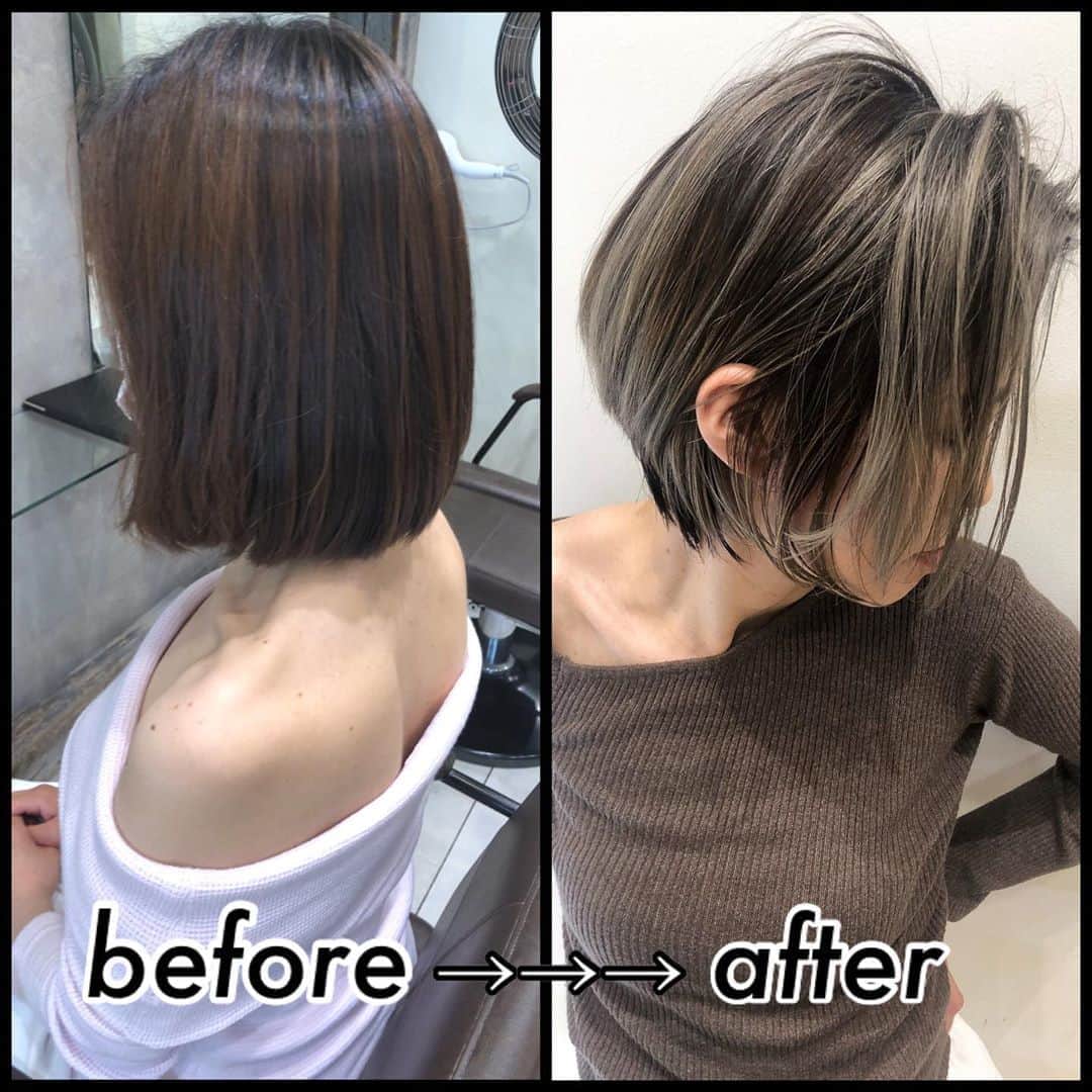 のインスタグラム：「根元が伸びてきてしまうと気になる！  そんな方へのご提案です！  カラー後、3〜４ヶ月くらいまでバランスが崩れないカラー。それがバレイヤージュハイライト。  どうしても時間が取れない、面倒くさい、コントラストのあるカラーが好き。そんな方は是非お任せください。  日本一のショートヘアのバレイヤージュを目指してます！  #伸びても目立たないカラー  #ハイライトショート　#襟足スッキリ　#くびれショート　#バングインナーカラー　#前髪インナーカラー #グレージュ#ベージュ#バレイヤージュ#ボブ#bob#表参道#外ハネ#白髪ぼかし#白髪染め#グレー#パーマ#murua#y3#zara#hm#ショート#emoda#耳掛けボブ#ショートボブ#ハイライトバレイヤージュ#ハイライト#インナーカラー#ショートバレイヤージュ」