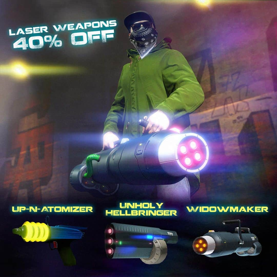 ロックスター・ゲームズさんのインスタグラム写真 - (ロックスター・ゲームズInstagram)「Celebrate laser tech in GTA Online with discounts on futuristic weapons like the Up-N-Atomizer, Unholy Hellbringer and Widowmaker.  Or absorb highly concentrated doses of laser light shows and take in the beats of house DJs while you operate your satellite businesses from the Nightclub Office.  Plus, pull down 3X GTA$ & RP on all Business Battles and more this week. Details on all the latest GTA Online bonuses at the Rockstar Newswire (link in bio)」5月1日 0時18分 - rockstargames