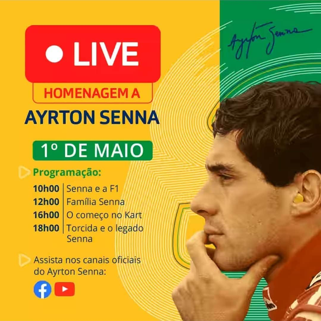 ブルーノ・セナのインスタグラム：「Bom dia a todos! Alem do live acima, dia 1º de Maio teremos uma grade especial na globo, no SporTV2: - 13h - Baú do Esporte dedicado ao Senna - 14h15 - Túnel do Tempo: GP do Japão de 1988 - 16h30 - Túnel do Tempo: GP do Brasil de 1993 Às 19h na faixa especial do SporTV o documentário SENNA! #SennaSempre #Brasil @institutoayrtonsenna @sennabrand @oficialayrtonsenna」