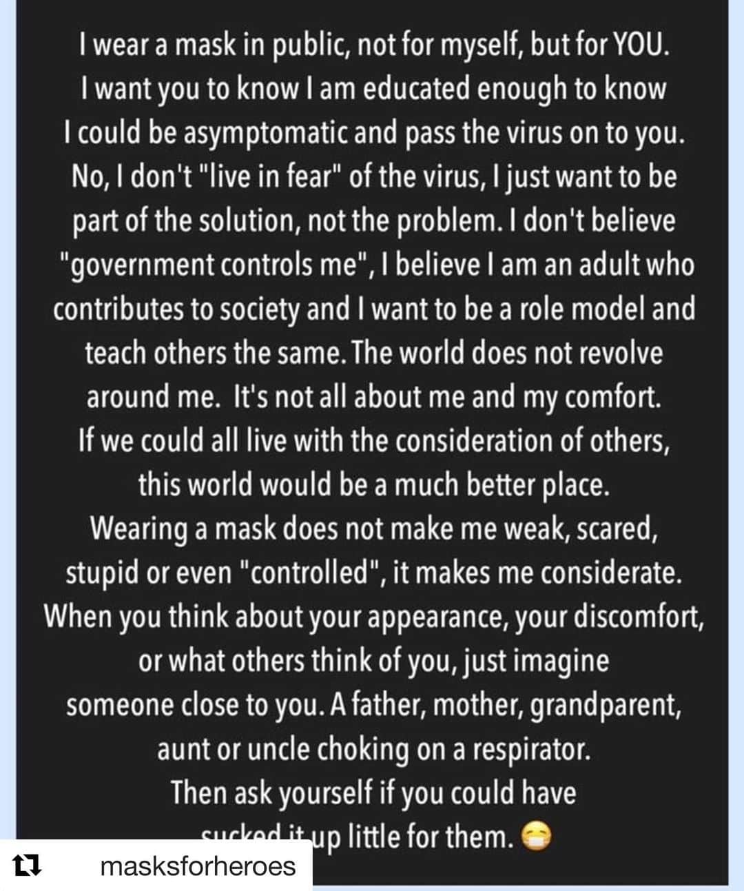 ジェリー・ライアンのインスタグラム：「YES.  #Repost @masksforheroes with @get_repost ・・・ Part 💪🏼 of 💪🏼 the 💪🏼 solution 💪🏼, NOT the problem. . . Credit unknown, DM for credit. . . #bethechange #bethechangeyouwanttosee #makeadifference #wearamask #masksforheroes #maskourheroes」
