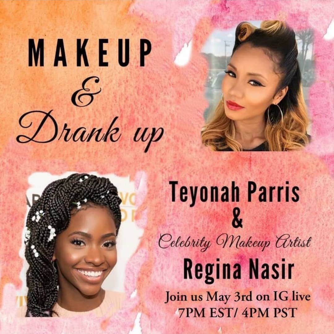 テヨナ・パリスさんのインスタグラム写真 - (テヨナ・パリスInstagram)「Yaaaayyy!!! I got @gene9902 to help us get our makeup skills up during this here quarantine!! Come "Makeup & Drank Up" with us on this Sunday (May 3rd) at 7pm EST/4pm PST!! Get your signature cocktail and gather the goodies on the next page (swipe) and let's get tipsy and k-uuute!! Yall comin to cut up with us??!! 💋🖤」5月1日 5時21分 - teyonahparris