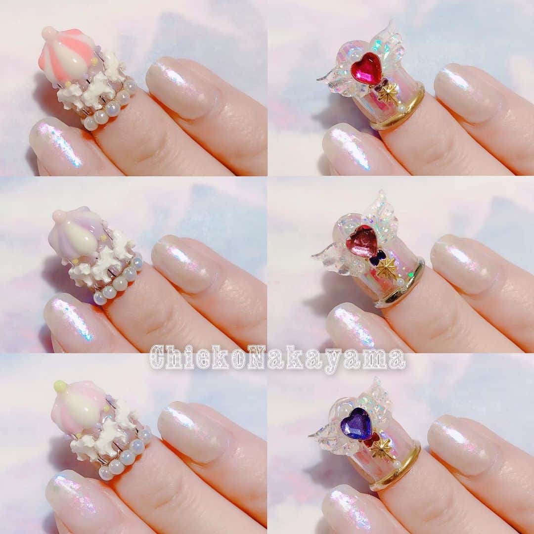 なかやまちえこのインスタグラム：「@stampnailring なかやまちえこ #ハンドメイド ネイルリング 💍⠀⠀ 完売ていた魔法少女ステッキ（♡）とメリーゴーランド🎠の追加販売です✨✨⠀ しばらくこちらのデザインは追加しないので気になりましたらぜひ✨✨⠀ 数に限りがありますのと、1点1点手作りの為同じお色の組み合わせのデザインはありません☺️💕 ⠀ ご購入は @stampnailring  のプロフィールから販売サイトに飛んでいただくか、ストーリーから飛べます☺️☺️☺️⠀ ⠀ #リングネイル は指先に #リング をはめていただくのみの取り外し簡単に爪先のオシャレを楽しめる商品です✨⠀ #スタンピングネイルリング のアカウントのストーリーハイライトのところからショッピングサイトに飛べます！⠀ 全て一点のみのお造りとなりますので、よろしくお願い致します😌🙏🙏✨⠀ #nail #nails #nailart #ネイル #美甲 #ネイルアート  #japanesenailart #manucure #japanesenails #manicurist #gelnails #أظافر #네일아트 #vẽmóng #ngườiđẹp  #เพ้นท์เล็บ #искусствоногтя #artedeuñas #เพ้นท์เล็บเจล #ジェルネイルデザイン #ネイルデザイン #senikuku #nagelkunst #ゆめかわネイル #オーロラネイル #ゆめかわいい ⠀ ・意匠登録済（デザイン特許）STAMPNAIL ・実用新案登録済（使い方特許）STAMPNAIL」
