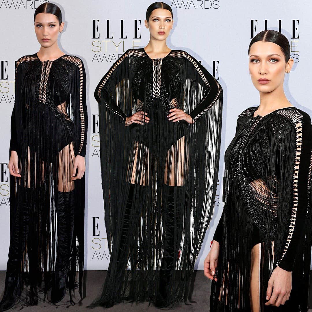 ジュリアンマクドナルドのインスタグラム：「The captivating @bellahadid looking stunning at the @elleusa Style Awards red carpet wearing a signature #JULIENMACDONALD knit bodysuit with Swarovski crystals and dramatic silk fringes.  Styled by @monicarosestyle」