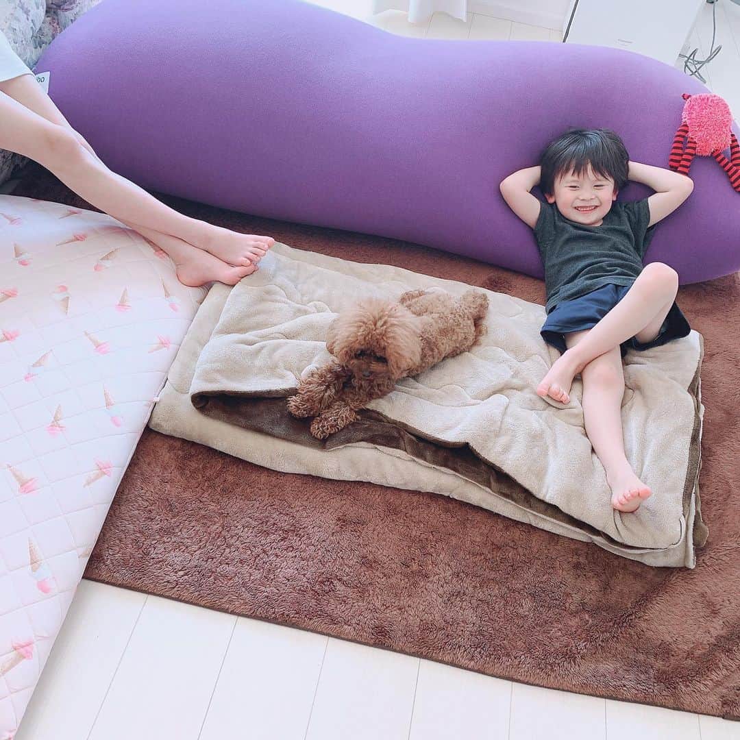 町田亜里香のインスタグラム：「今まで2階にあったyogiboを リビングに…自粛中1日リビングにいることが増えたから😊❤️ リビングにyogiboちゃん。 うん。いい！！✨ アイスクリームちゃんは 二階に移動かな？？ でも、アンジェ🐶 好きなんだよなぁ。 . 足はじゅなです🥺🥺❤️ . . #自粛生活 #自粛中の過ごし方」