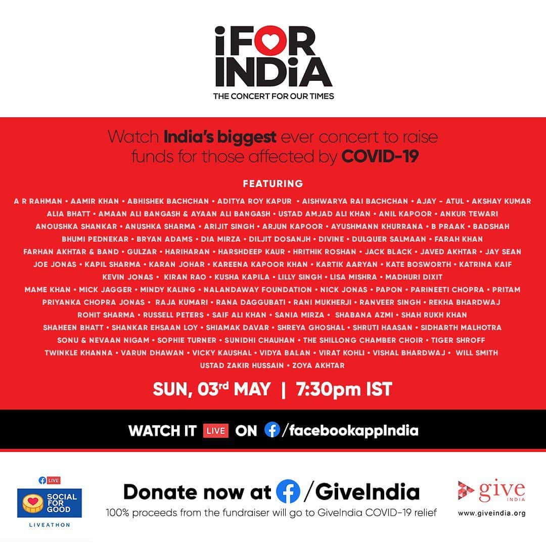 カトリーナ・カイフのインスタグラム：「Two weeks ago, we started work on India’s biggest concert. To entertain people who are locked-down at home. To pay tribute to those who work on the frontlines while we work from home. And to raise funds for those who have no work and no home. And when we were just days away from the concert, we lost two of our leading lights: #IrrfanKhan and #RishiKapoor. A stark reminder that life is fleeting. We must play our part. And keep the show going. So with a prayer in our hearts and a song on our lips, we bring you #IFORINDIA the concert for our times. 3rd May, 7:30pm IST. Watch it LIVE worldwide on Facebook. 100% of proceeds go to the India COVID Response Fund set up by @give_india  Tune in. Donate now. Do your bit. Link in bio. #SocialForGood」