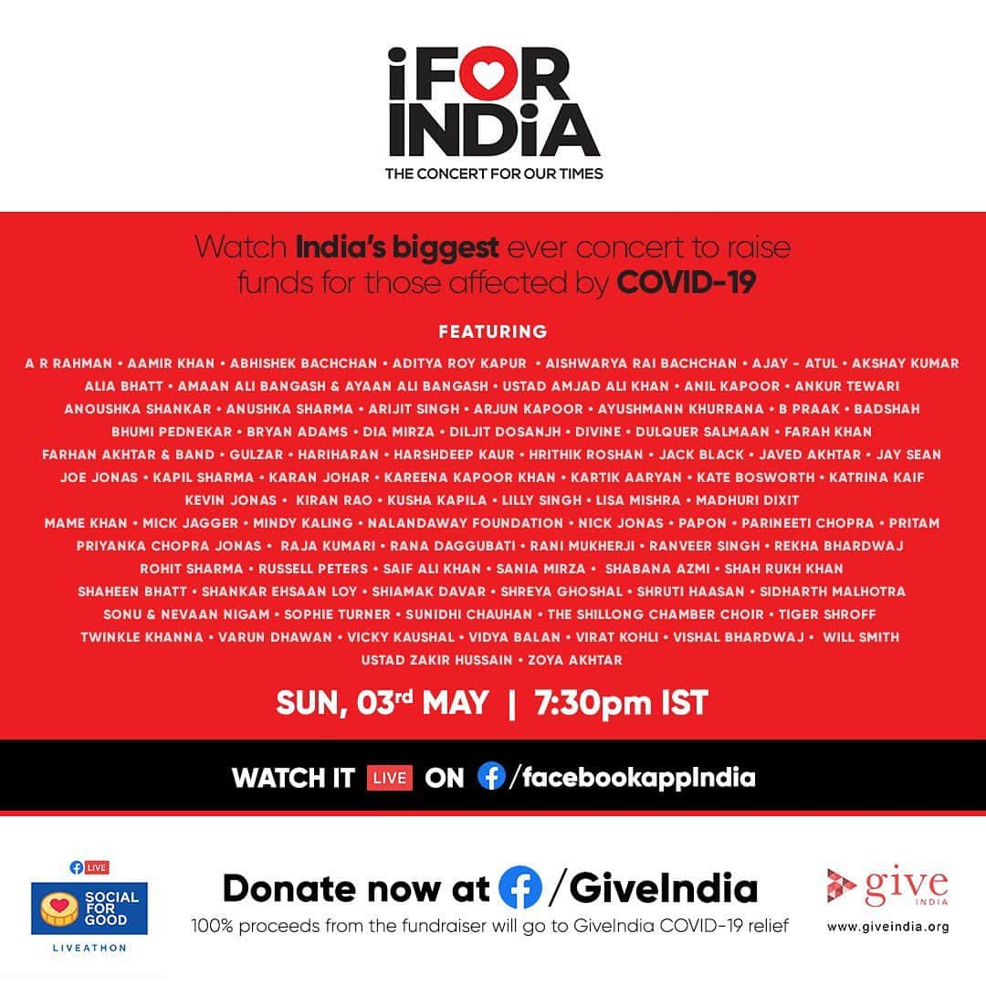 カトリーナ・カイフさんのインスタグラム写真 - (カトリーナ・カイフInstagram)「Two weeks ago, we started work on India’s biggest concert. To entertain people who are locked-down at home. To pay tribute to those who work on the frontlines while we work from home. And to raise funds for those who have no work and no home. And when we were just days away from the concert, we lost two of our leading lights: #IrrfanKhan and #RishiKapoor. A stark reminder that life is fleeting. We must play our part. And keep the show going. So with a prayer in our hearts and a song on our lips, we bring you #IFORINDIA the concert for our times. 3rd May, 7:30pm IST. Watch it LIVE worldwide on Facebook. 100% of proceeds go to the India COVID Response Fund set up by @give_india  Tune in. Donate now. Do your bit. Link in bio. #SocialForGood」5月1日 22時00分 - katrinakaif