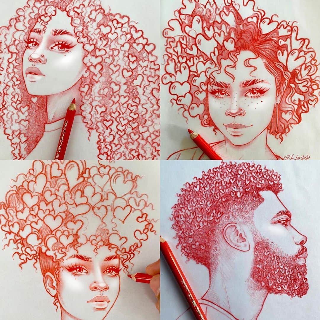 Rik Leeさんのインスタグラム写真 - (Rik LeeInstagram)「Which is your favorite heart haired babe? 1, 2, 3 or 4 (clockwise from top left)  #riklee #illustration #drawing #sketch #portrait #graphicdesign #art #curlyhair #curls #natural #bali」5月2日 11時50分 - rikleeillustration