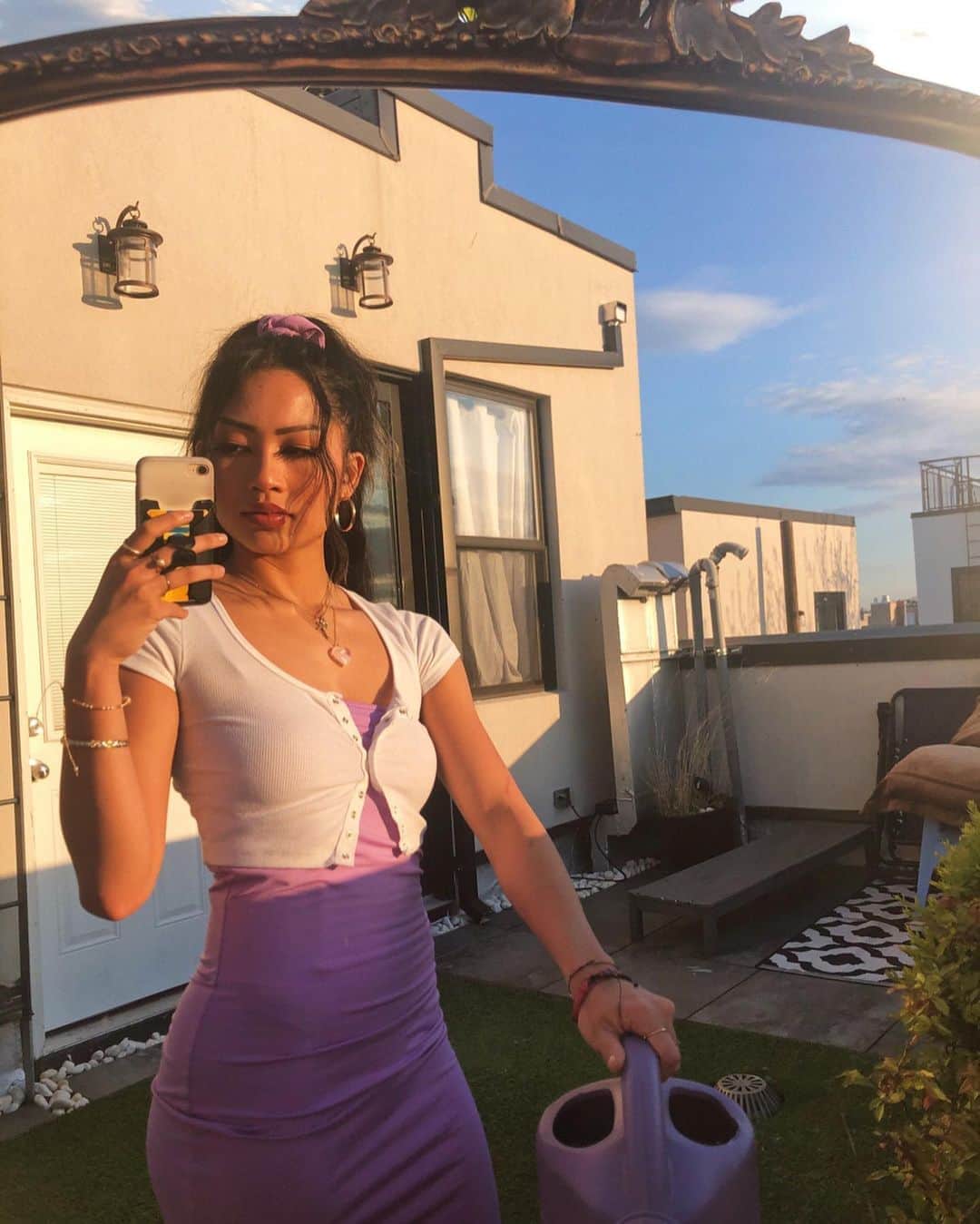 エイミー・ファムのインスタグラム：「dressed up for literally no reason the other day i just happened to match my watering can ʕ ˵•ᴥ•˵ ʔ ⁣ ⁣ top/dress: @amazon (also wearing spanx from @amazon ive been eating a lot of gummy worms lately lol) #founditonamazon #linkinbio」