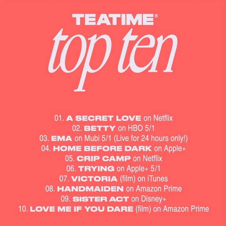 ダコタ・ジョンソンのインスタグラム：「This weeks #TeaTimeTopTen is delightful. It is also featured in a little interview with me and @voguemagazine  At @teatime.pictures we want to make choosing great entertainment just a bit simpler. Later today we will also launch our monthly Top5 Literature and Top5 Art favorites. Turns out, visiting a virtual gallery is actually pretty sick because you can do it with no pants on and not get asked to leave.  TeaTime Top 10  1. A Secret Love on @netflix  2. Betty on @hbo  3. Ema on @mubi  4. Home Before Dark on @appletvplus  5. Crip Camp on @netflix  6. Trying on @appletvplus  7. Victoria on @itunes  8. Handmaiden on @amazonprimevideo  9. Sister Act on @disneyplus  10. Love Me If You Dare on @itunes 💋」