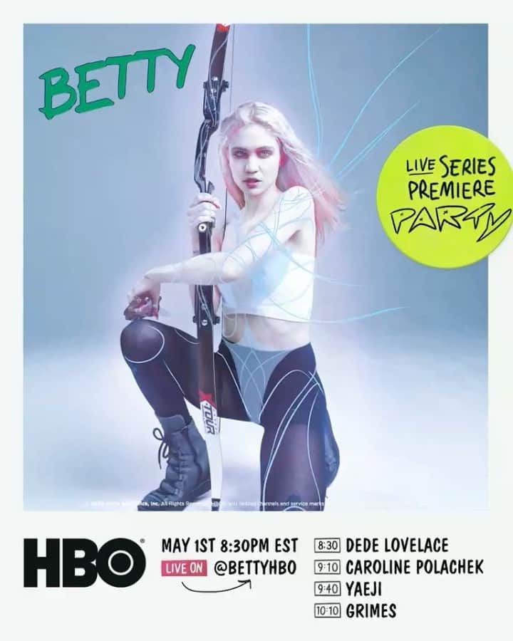 グライムスのインスタグラム：「Excited to DJ the @bettyhbo LIVE Series Premiere party w/ performances from @carolineplz @dedelovelace & kraejiyaeji Catch my set at 10:10 EST @productionclub #HBOPartner」