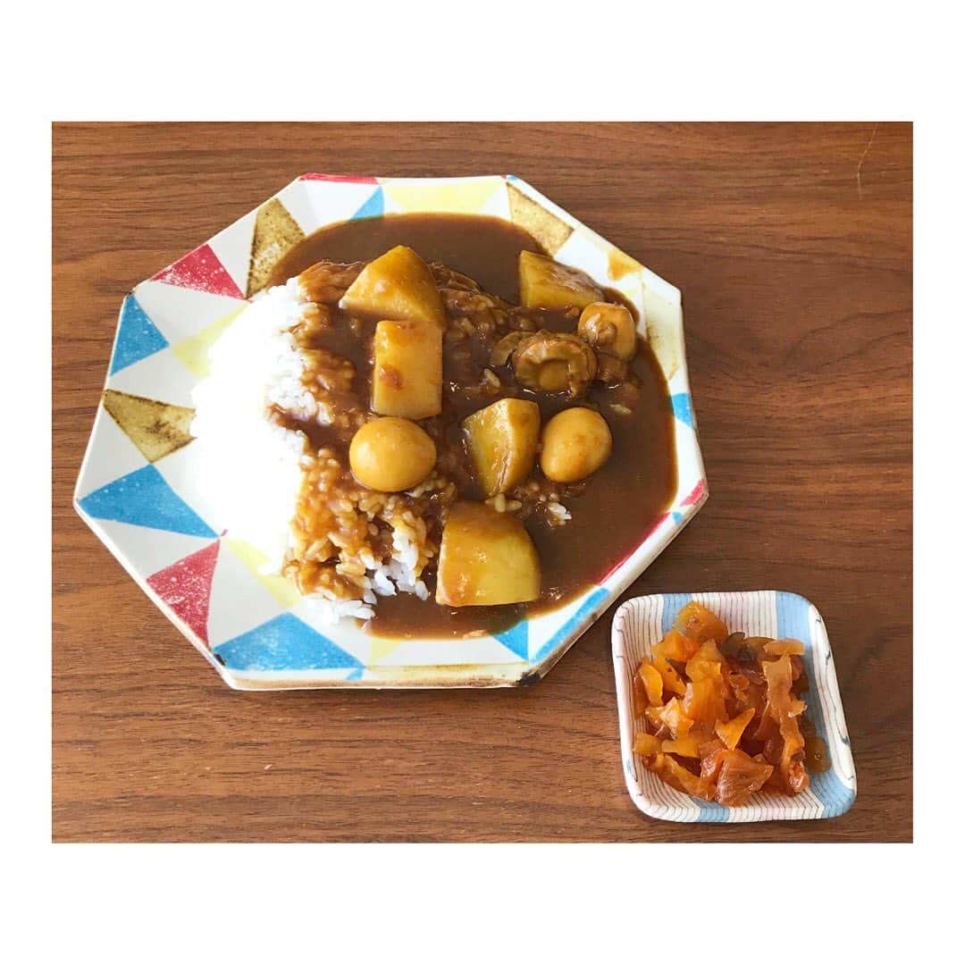 櫛引彩香のインスタグラム：「ジャワカレー（中辛） 青森県産ベビーホタテ入り 福神漬けはこの後バッと乗せて食べました。元気？わたしはなんとか元気だよ。カレーも食べたし🍛 #おうちごはん  #ビキコのごはん」