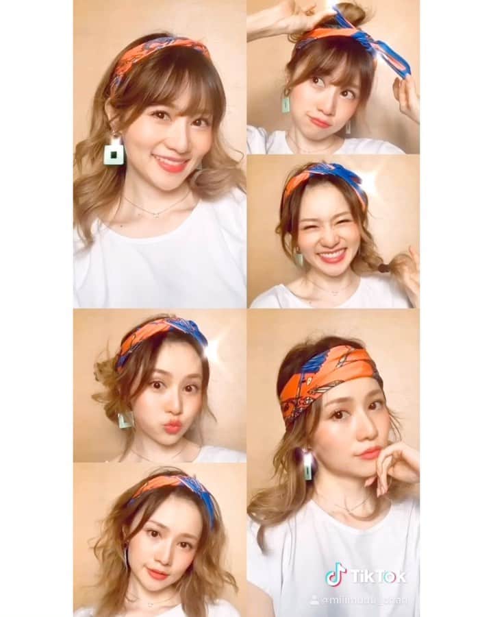 のインスタグラム：「ชอบแบบไหนคะ🌸 วิธีใช้scarfหรือเปล่า🤔เขียนว่ายังไงดีนะ ยาก😂 . . 美容院にまだ行けないから、スカーフを使ってヘアアレンジをしてみたよー🌸✨ . ちょっとアレンジするだけで雰囲気が変わるから気分転換になった😆❣️❣️✨ . 良かったら参考にしてみてね🌸✨ . . . #มิมุ #ไม่ใช่มุมิ #คนญี่ปุ่น #ผมยาว #ผมยาวเร็ว #วิธีใช้ #เมษา #เมษาathome  #Mimu #stayhome #hairstyle #hairarrange #fashion #scarf #howto #tiktok #ヘアースタイル #ヘアーアレンジ #スカーフアレンジ #おうち時間」