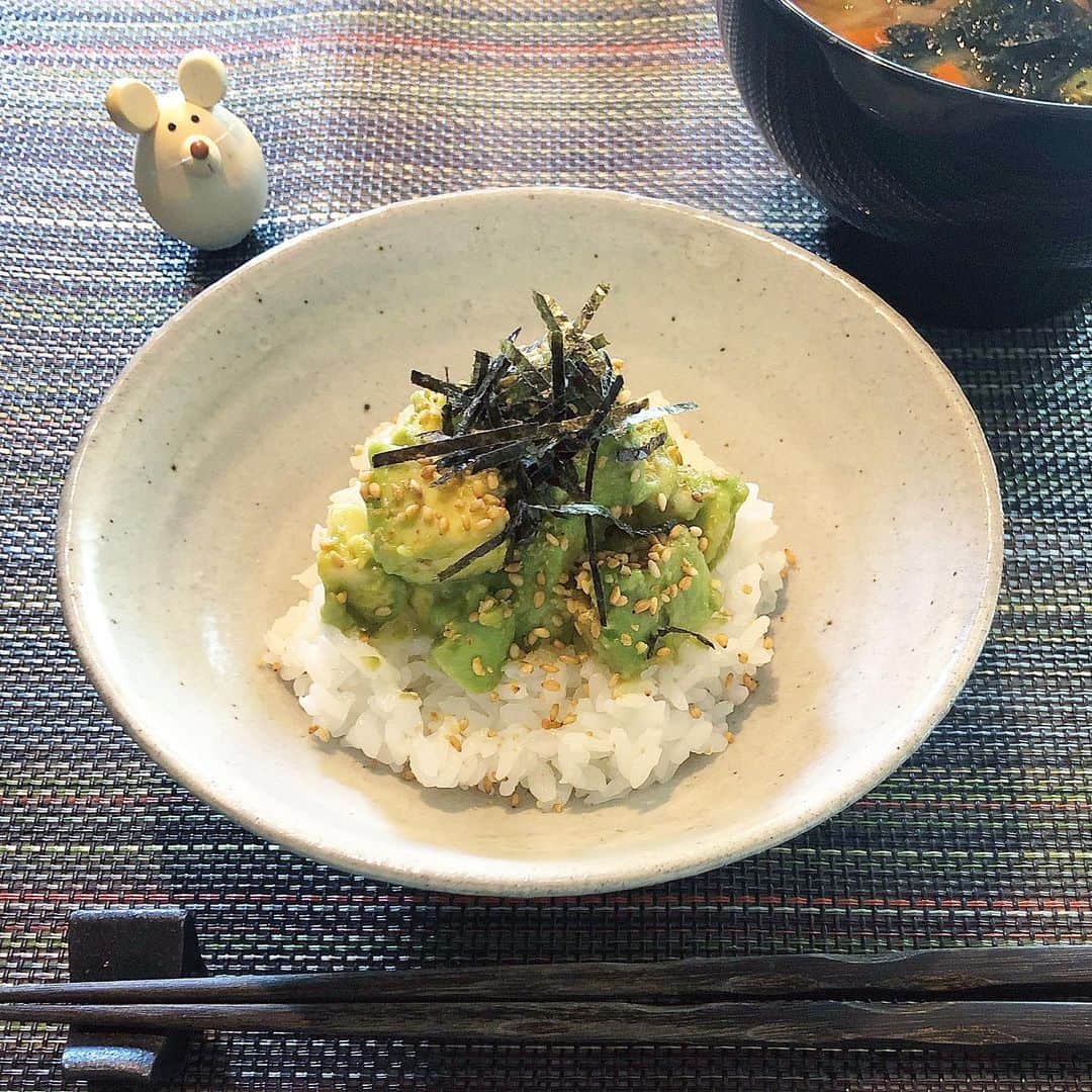 榊山敬代のインスタグラム：「🍚🥑… ・ きょうは週末なので パスタとおもいきや  どーんとアボカド丼の巻  炊きたての土鍋ごはんに トロトロのアボカドさん すりゴマさんをふりかけ 刻み海苔を添えたら完成  いただく前に少し お醤油をたらして 最高なごちそう丼  そして  お味噌汁がこれまた 染み入りて幸せなり  #また食べたい  さてきょうは日曜日のようでしたが アタマフル回転でいろいろ作業の日  どれもこれも想像力用いるのは 絵を描くときと変わらないので  絵を描く想像力を鍛えてきて 今になってその力が役に立ち  不思議な想像時間に追われているこの頃 とりあえずこのような世の中だからこそ  自分発信ではなくて 人の役にたてること  燃えたいとき🔥… ・ ・ でも明日は休みたいな…🙄… ・ ・ #おうち時間 たのしみ週間 #おうち大好き #stayhome ・ ・ ・  #アボカド #avocado #アボカドレシピ #アボカド料理 #盛り付けただけ #ご馳走 #白米  #おうちランチ  #ランチ #lunch  #おうちごはん #和食 #お味噌汁 #food #土鍋ごはん#artist #kitchen #cooking #日本画家 の #お料理こんなもん  #信楽焼  #妹より #器 #うつわ  #artist #cooking #日本画家 の #お料理こんなもん  #Coronavirus #コロナウイルスが早く終息しますように」