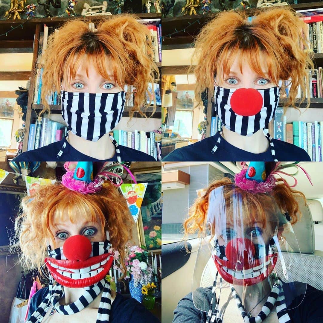 ボニー・モーガンのインスタグラム：「The progression of what happened to my @spacedustla mask...too much? 😜🤡😷 #covidclown #adventuresofbendybonnie #safetyfirst #stripes #smile #clowningaround #thenoseknows #icouldnthelpmyself #staysafe #socialdistancing #bendybonnie」