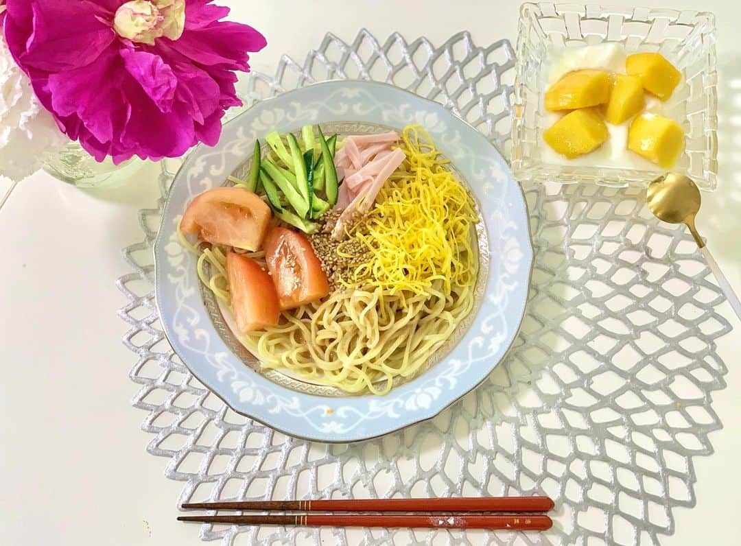 花田浩菜のインスタグラム：「#冷やし中華はじめました ☀️笑。 . GWももう半分以上終わり、、 早い！あっという間の今日このごろです。 最近はびっくりするくらい夏日和だったので、ランチは今年初の#冷やし中華 に🎐 . . GWはリビングに小さいテントを張り、毎日おうちテント生活の我が家⛺️笑 １日3食作る生活が里帰りから戻ってきてほぼずっとだったので、ママ業もお休み〜😂適当でよろしく〜ということでw あらかじめ用意しておいたお取り寄せや宅配や冷凍食品などを毎日フル活用させてもらってます❤️ この冷やし中華もSL Creations  @slcreations_official の#冷凍食品 🙌 . . 今の時期なるべく買い物に行く回数も減らしたいので、#食品宅配 は本当に助かっています✨ デザートにSL Creationsの冷凍マンゴーと蜂蜜をかけたヨーグルトも出してさっぱり🙌息子もお気に入り❤️😊ヘルシーだからおやつにも良い💕 . . SL Creationsは楽ちんで美味しいだけでなく、#無添加 で#安心安全 な材料を使っているので調味料類もあるととても重宝しています😊 この蜂蜜も今の時期は麦味噌と蜂蜜を2:1くらいで混ぜてきゅうりをつけておくだけで箸休めの#作り置き にしても美味しい副菜になるし、#焼肉のたれ もお肉やお野菜を炒めるだけでとっても美味しいメインにもなるので#在宅楽飯 に助かりまくっております❤️ 明日は子供の日ですね🎏 おうちでお祝い何しようかな🙌 . . #GW #おうちで過ごそう #stayhome #2児ママ #2歳差兄妹 #2歳差育児 #SLCreations #エスエルクリエーションズ #食品宅配 #PR #おうち時間 #おうちご飯 #今日のご飯 #ストックおかず #臨時休校中の昼ごはん #女の子ママ #男の子ママ #赤ちゃんのいる生活 #花のある暮らし #l4l #happy #happydays」