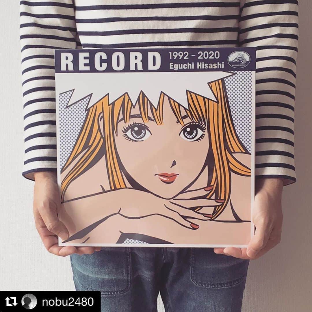 江口寿史のインスタグラム：「『RECORD』発売以来、インスタにTwitterにたくさんの人が喜びの声をあげてくれていて、本当に嬉しいです。こんなご時勢で日本全国休業している書店さんも多く、発売を延期するかどうかという議論もあったんですが、予定通り発売に踏み切って本当よかったです。延期延期ばっかじゃクサっちゃうじゃんねえー！皆さんの感想は全部見てますよ！感謝。  #Repost @nobu2480 with @get_repost ・・・ 「RECORD 江口寿史」 ・ ・ 大好きな江口寿史先生のジャケットアートワーク集 ・ LPサイズのイラストをケース表面に入れ替えて飾れるという神仕様！ ・ 初回特典のステッカー付きで大興奮！ ・ ・ ・ #江口寿史 #江口寿史record #江口寿史先生 #hisashieguchi #instagood」