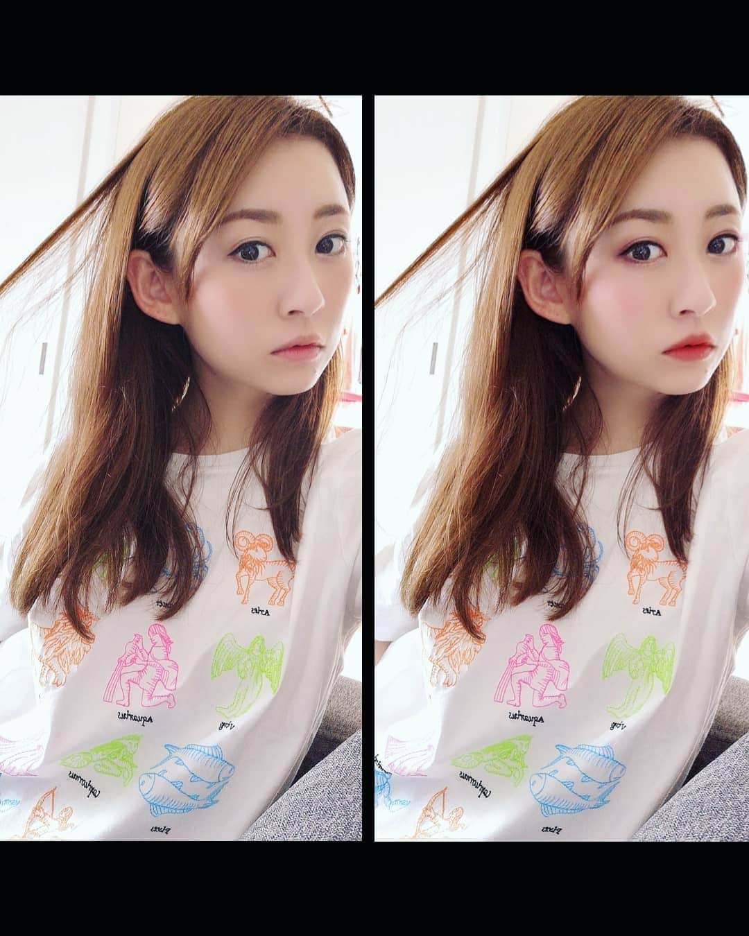 山上紗和 のインスタグラム：「アプリの方がメイクうまい説💄💋✨ みんなからかわいくないと言われる12星座Tシャツ  お気に入り⭐  #beautyplus #selfie #zara」