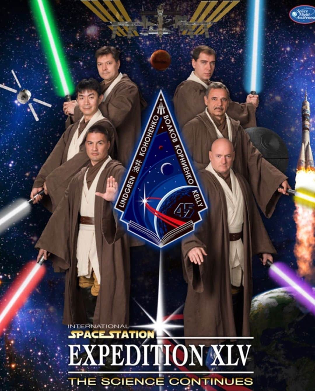 スコット・ケリーのインスタグラム：「Forever grateful to my former crew mate @astro_kjell for giving me the purple light saber. #maythe4thbewithyou」