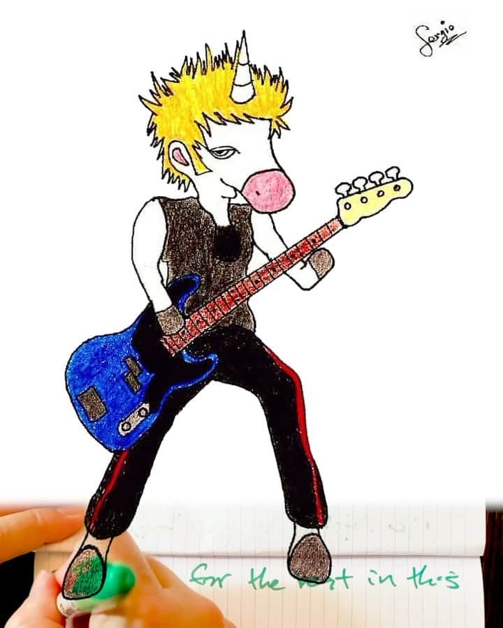 Green Dayのインスタグラム：「This week’s #NoFunMondays is dedicated to the one, the only, @MikeDirnt. Happy birthday! Play this one loud just for him: We’re The Kids In America, originally by Kim Wilde and then recorded later by @themuffsofficial (link in bio) Mike drawing by Sergio @serchole」