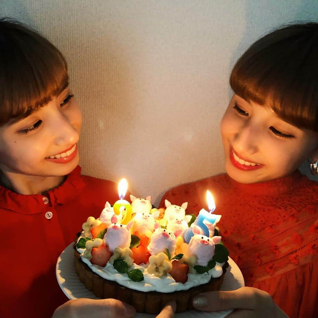 谷奥えり（えまえり）さんのインスタグラム写真 - (谷奥えり（えまえり）Instagram)「今日で25歳になりました！ 。 。 朝からメッセージなど下さりありがとうございます♪ 。 。 お姉ちゃんが手作りのケーキを朝から準備してくれててびっくりした！ 私が大好きな羊のショーンに出てくるブタちゃんケーキ🐽 。 。  #お家時間 #おうちカフェ #双子モデル #双子タレント」5月5日 15時13分 - eritanitani