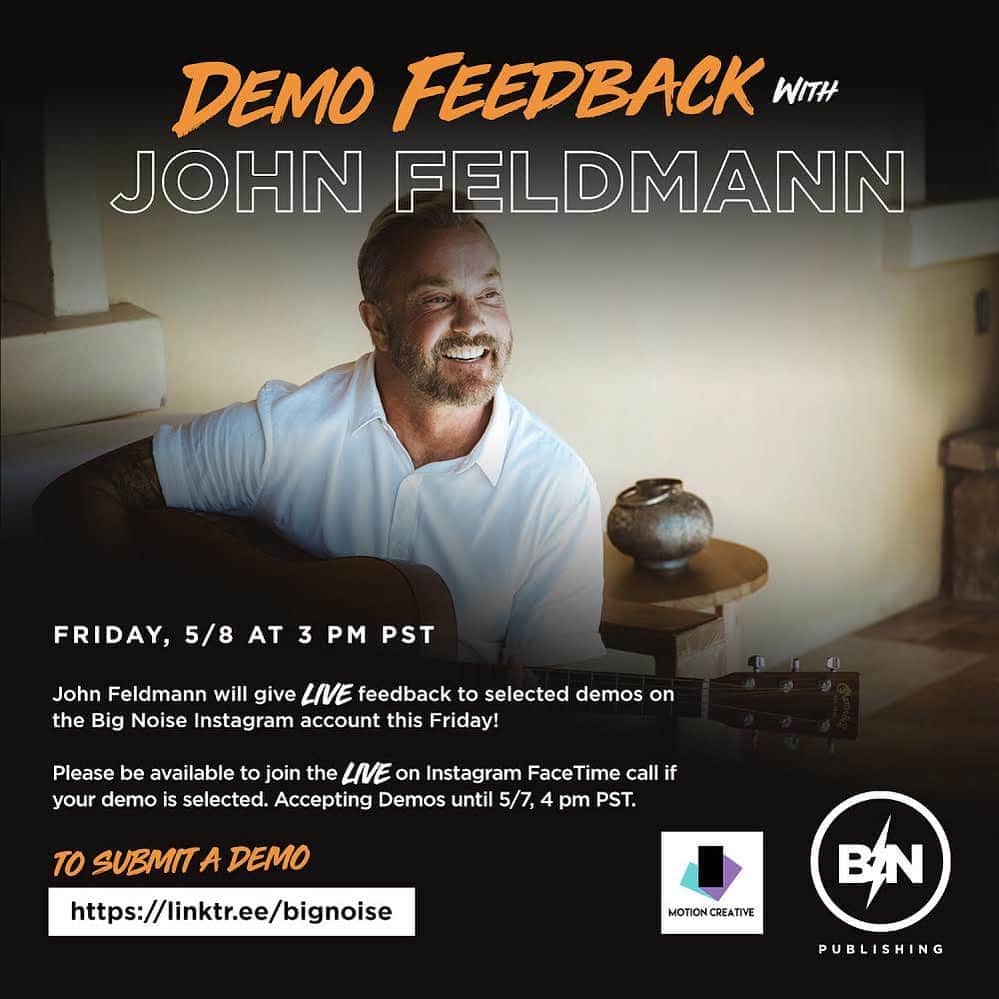 ジョン・フェルドマンのインスタグラム：「I’ll be doing a live demo feedback session on the @bignoise Instagram on Friday at 3pm PST!!! Click the link in my bio to send your demos!!! We will be accepting donations via the @motioncreativeorg Venmo during the live!!」