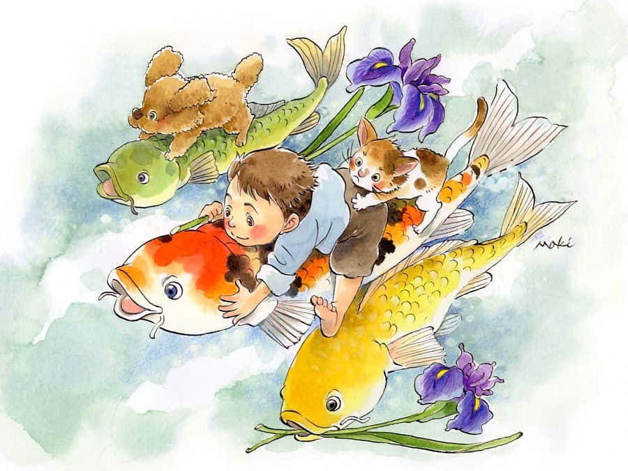 イラストレーター山崎牧子のインスタグラム：「こどもの日  子どもたちがマスクなしで、 のびのび遊び回れる日が 一日も早くきますように… 🎏線画も載せました。 もしよかったら塗り絵で遊んでくださいね☘ #端午の節句#こどもの日#鯉のぼり#塗り絵#子ども#猫#犬#菖蒲#絵#artwork#illustration#childrenillustration#children#japan」