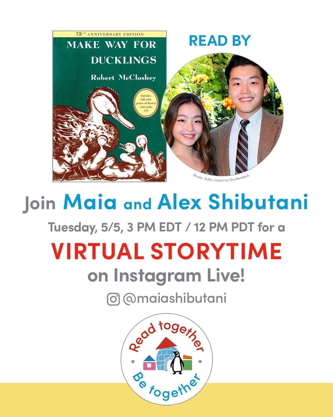 アレックス・シブタニさんのインスタグラム写真 - (アレックス・シブタニInstagram)「Join us tomorrow (Tuesday, 5/5 3pm ET / 12PM PT) for a virtual storytime on @instagram LIVE on @maiashibutani’s account. We’ll be reading one of our favorites: “Make Way For Ducklings” by Robert McCloskey! 📚🦆」5月5日 12時06分 - shibsibs