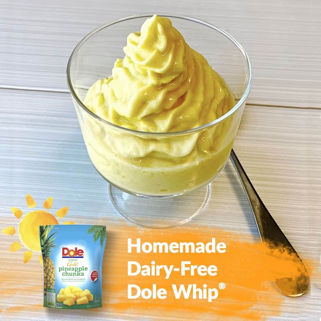 Dole Packaged Foods（ドール）のインスタグラム：「Bring the sunshine inside with our delicious dairy-free Dole Whip. It’s a healthier treat that takes your taste buds to a tropical getaway.  Ingredients: 3 cups frozen DOLE® Pineapple Chunks 1 cup DOLE Pineapple Juice 1 cup Coconut Milk Creamer or Oat Milk 1 cup frozen DOLE Mango Chunks  Steps: Combine all ingredients in a blender and blend until smooth. Serve immediately by scooping into a bowl or piping from a pastry bag with a start tip for a fun Dole Whip inspired visual Store in a freezer for up to 2 weeks* * Chef's Tip: In order to achieve soft serve consistency when taking out of the freezer, place 2 cups of frozen base into a blender with 1/4 cup of Dole Pineapple Juice and blend until smooth and soft again.」