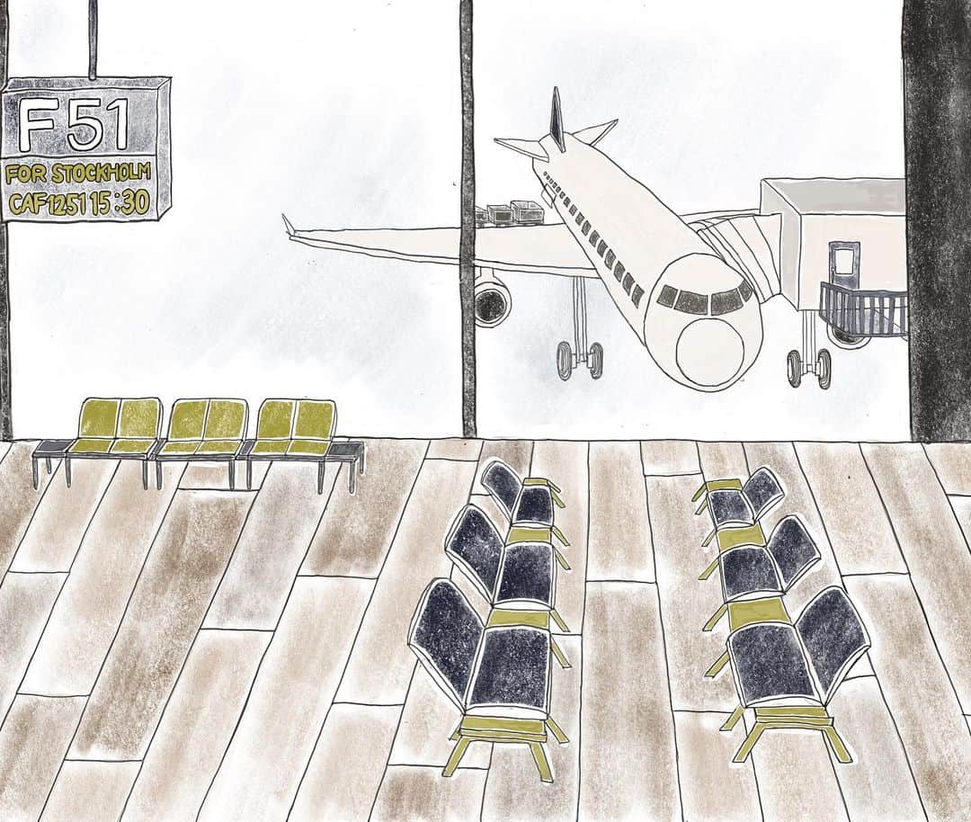 cafe_no_maのインスタグラム：「What I realized in a quiet terminal in Norway. . 北欧の静かな空港  公共施設にありがちな少し過剰なアナウンス。空港なら、行き先を告げるアナウンスがひっきりなしに流れているイメージがあります。  でも、数年前に訪れたノルウェーのガーデモエン空港はその逆でした。まるで「静けさ」が、快適さを保つサービスのひとつと捉えられているようなのです。  搭乗時刻になると、すーっとゲートが開き、人びとが吸い込まれていく...各々が時間を把握して静かに過ごしている…　そんな様子をみて、本当に心地いい空間とは何かを考えさせられました。  著書『最高の暮らしを楽しむ住まいのレシピ』より一部抜粋  #cafenomaillust」