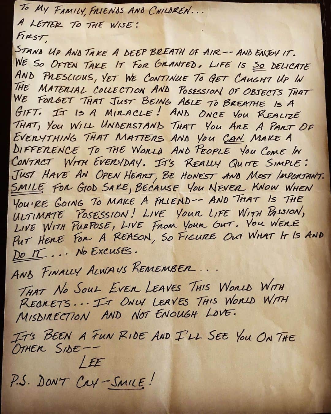 レイン・ギャリソンのインスタグラム：「Making it a tradition on my father’s birthday to post the letter he wrote right before he died. His final words ring true, now more than ever! #gonebutneverforgotten」