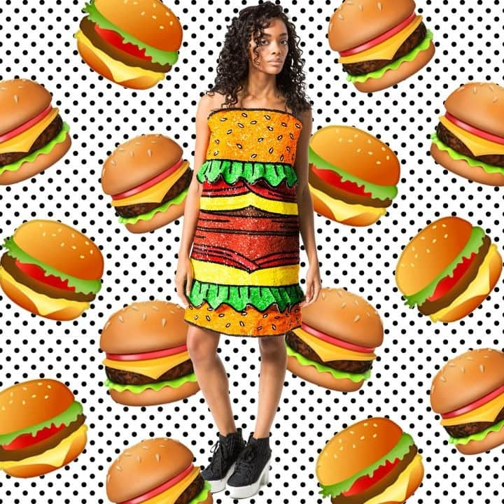 ロドニクのインスタグラム：「💥🍔💎Sequin Emoji Burger Dress 👅YUM YUM Halloween 🍔🍔🍔 @therodnikband #burgerdress #sequinburger #popfashion #wearableart #sequindress #therodnikband #rodnik #poplife #sequinpop #rodnikband 💥🍔🚀🚀🚀」