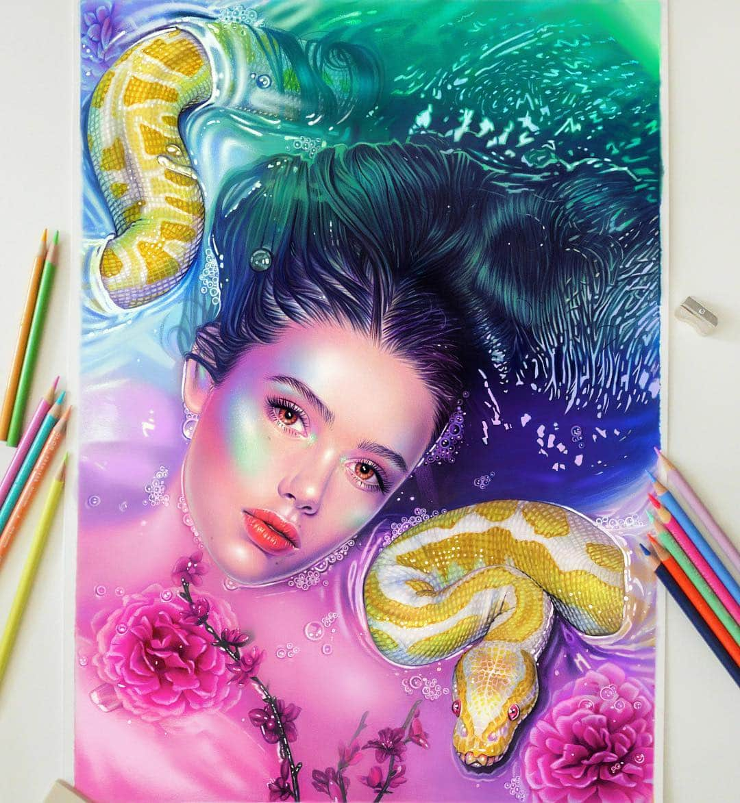 Morgan Davidsonのインスタグラム：「Who doesn’t want to take a bath with a python? 🤷🏼‍♀️😂 Colored pencil drawing with a marker base! The prints/phone cases will be available in my shop soon! 💃 I hope you all have a great weekend!」