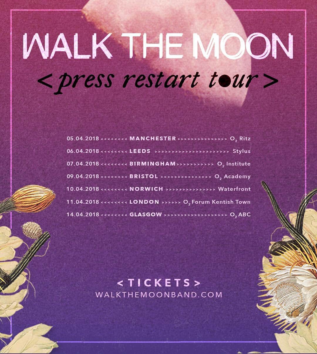 ウォーク・ザ・ムーンのインスタグラム：「< PRESS RESTART TOUR > united k i n g d o m presale at noon code: headphones walkthemoonband.com」