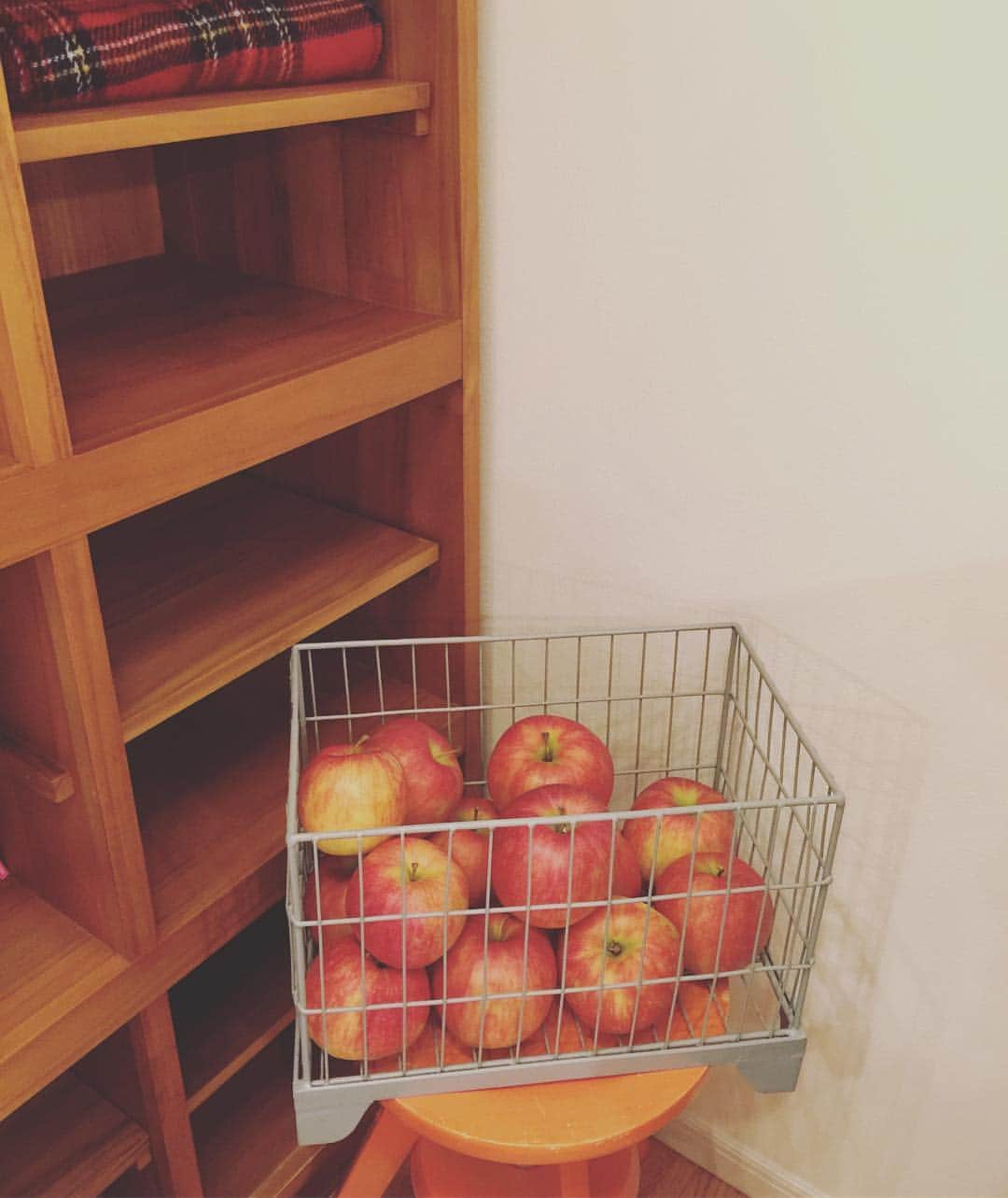 椎名可憐のインスタグラム：「林檎と本棚とスツールと。  #りんご #リンゴ #林檎 #山形のりんご #本棚 #unico #bookshelf #apple #スツール #椅子 #イス #木の家具」
